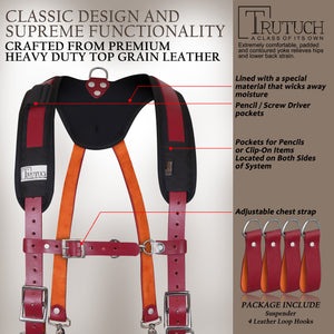 Trutuch Maroon Leather Tool Belt with Suspender, Carpenter Tool Belt, Tool Bag, TT-2000-R-7010-S