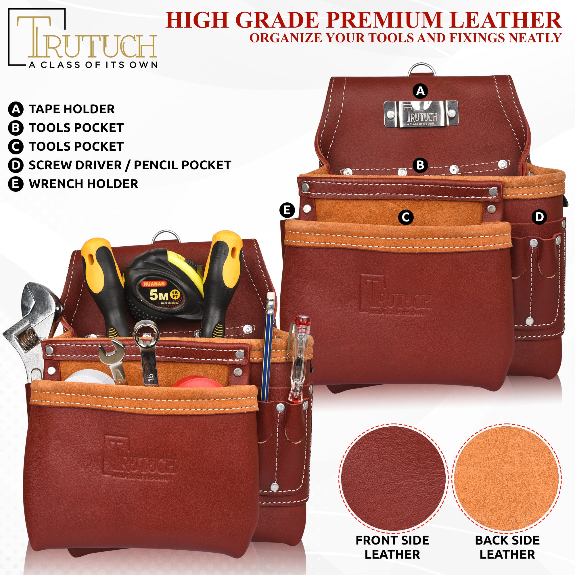 Trutuch Grain Leather Tool Belt, Carpenter Tool Belt, Drywall Tool Belt for Men, 17 Pockets, TT-2000-R