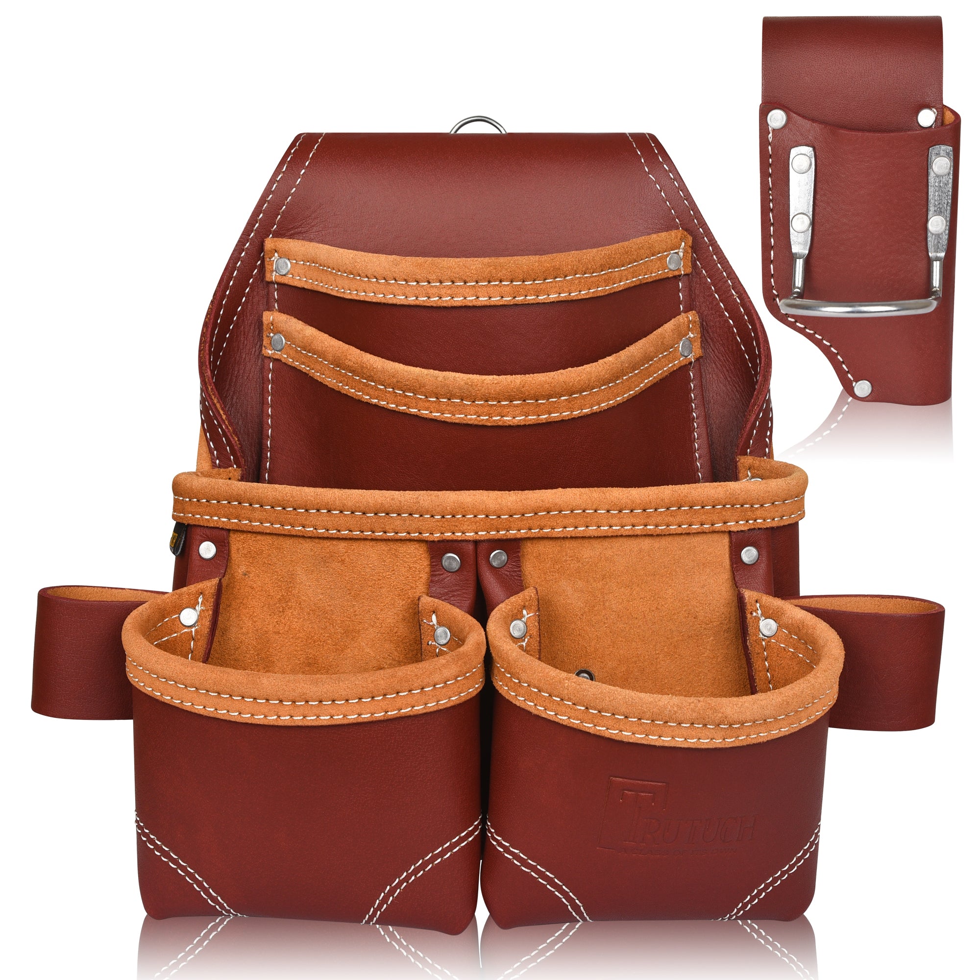 Trutuch Maroon Leather Carpenter Tool Pouch with Hammer Holder, Framers Tool Bag, Tool Belts, 5 Pockets,TT-210-P