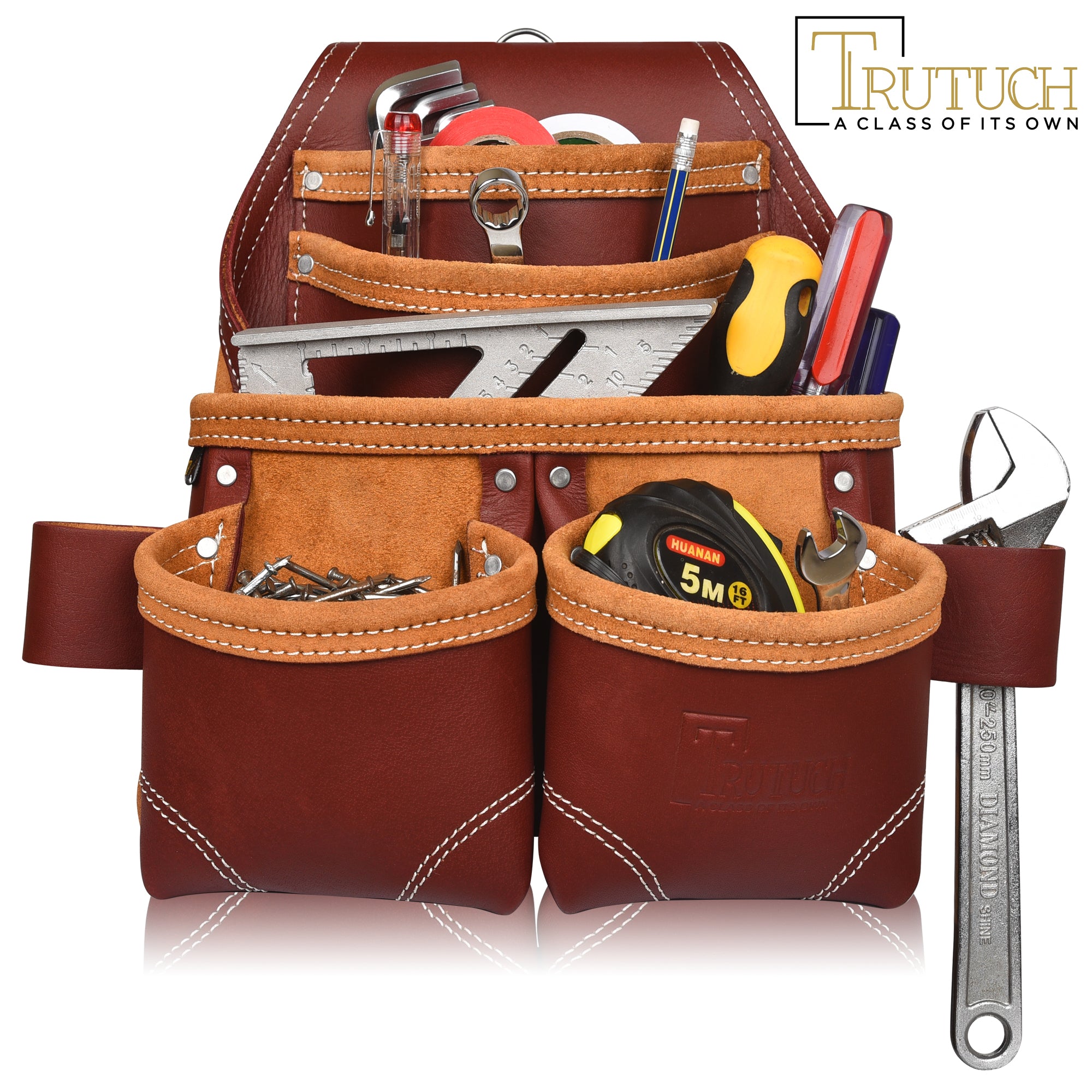 Trutuch Maroon Leather Carpenter Tool Pouch with Hammer Holder, Framers Tool Bag, Tool Belts, 5 Pockets,TT-210-P