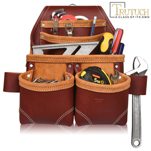 Trutuch Maroon Leather Carpenter Tool Pouch with Hammer Holder, Framers Tool Bag, Tool Belts, 5 Pockets,TT-210-P