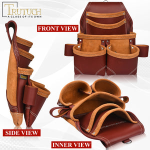 Trutuch Maroon Leather Carpenter Tool Pouch with Hammer Holder, Framers Tool Bag, Tool Belts, 5 Pockets,TT-210-P