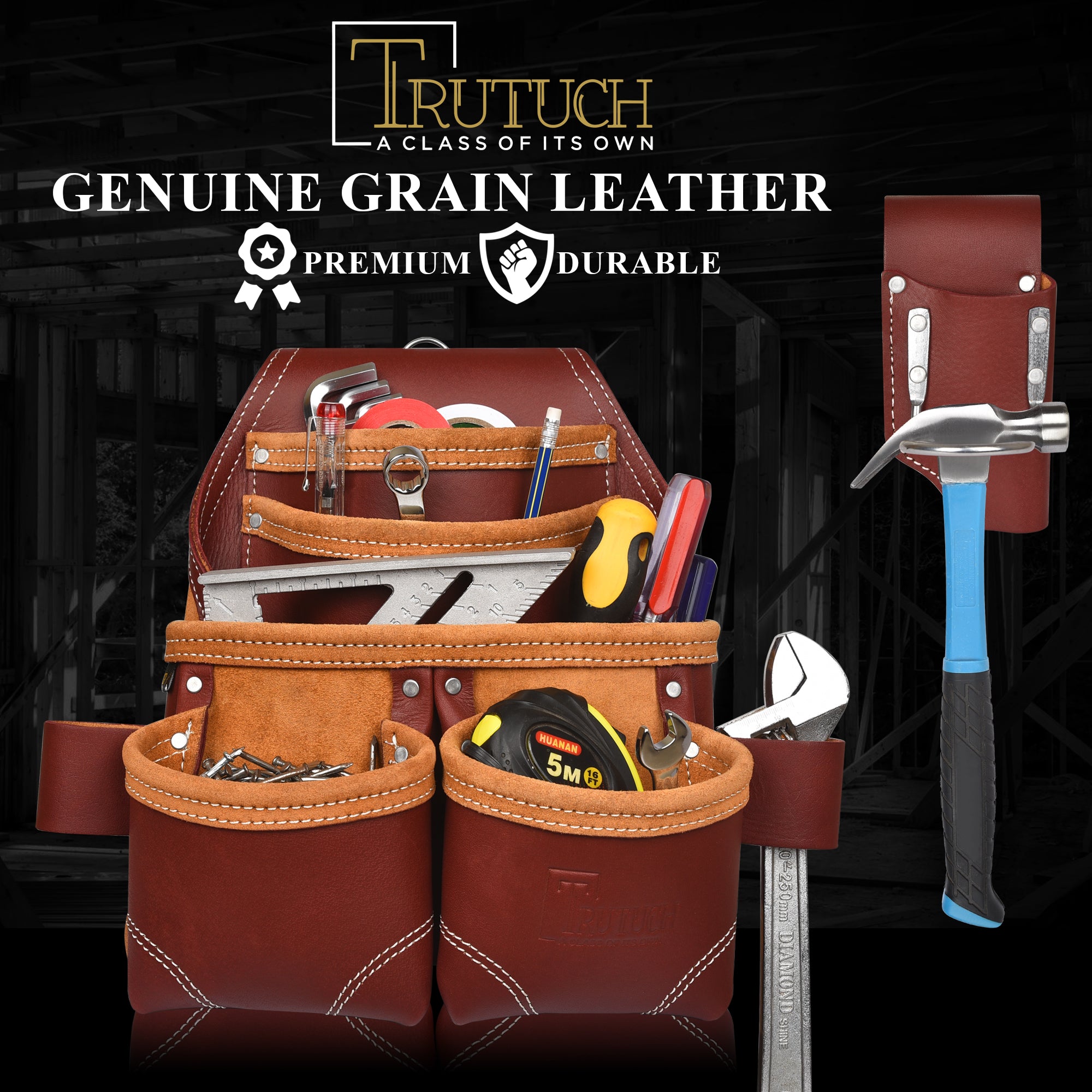 Trutuch Maroon Leather Carpenter Tool Pouch with Hammer Holder, Framers Tool Bag, Tool Belts, 5 Pockets,TT-210-P