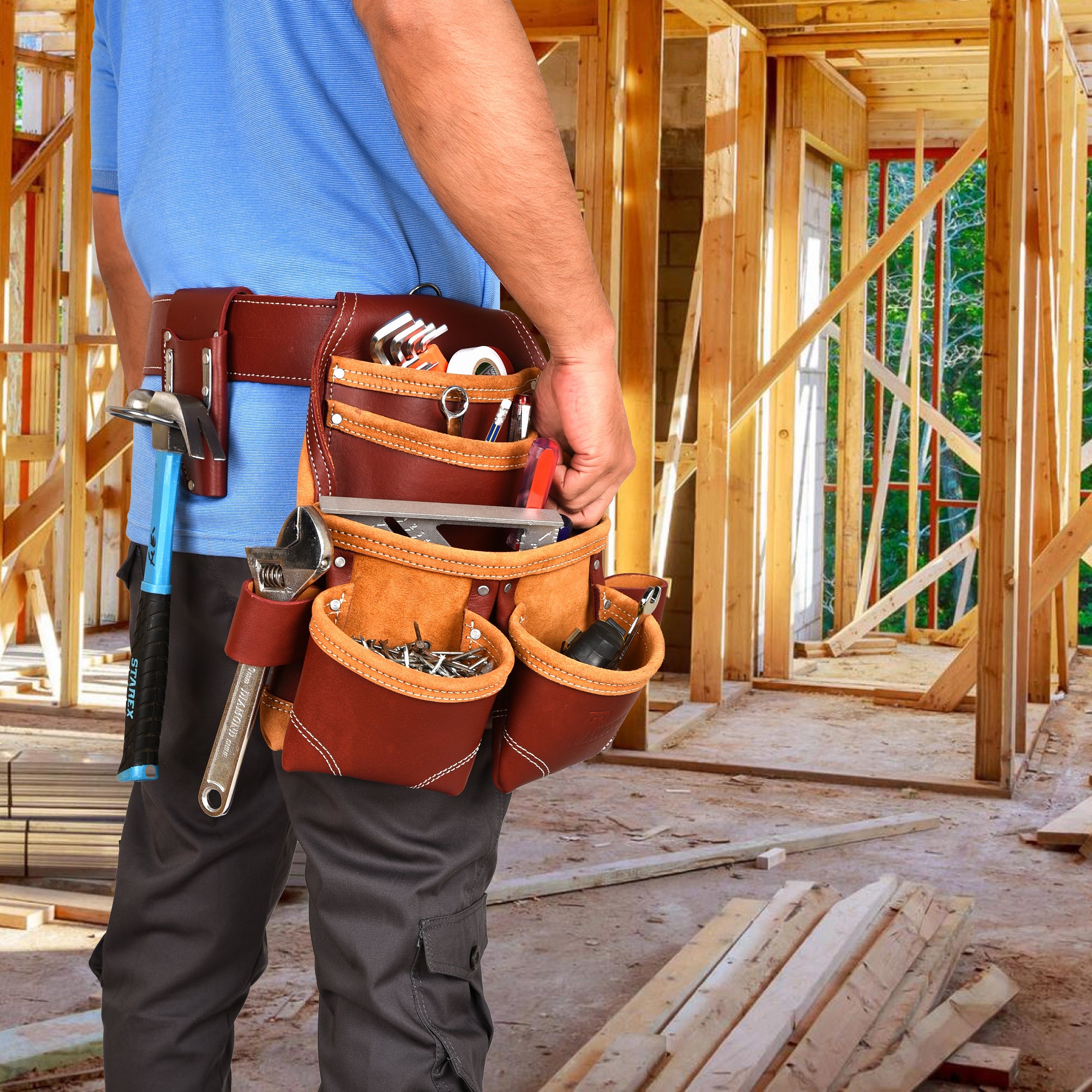 Trutuch Maroon Leather Carpenter Tool Pouch with Hammer Holder, Framers Tool Bag, Tool Belts, 5 Pockets,TT-210-P