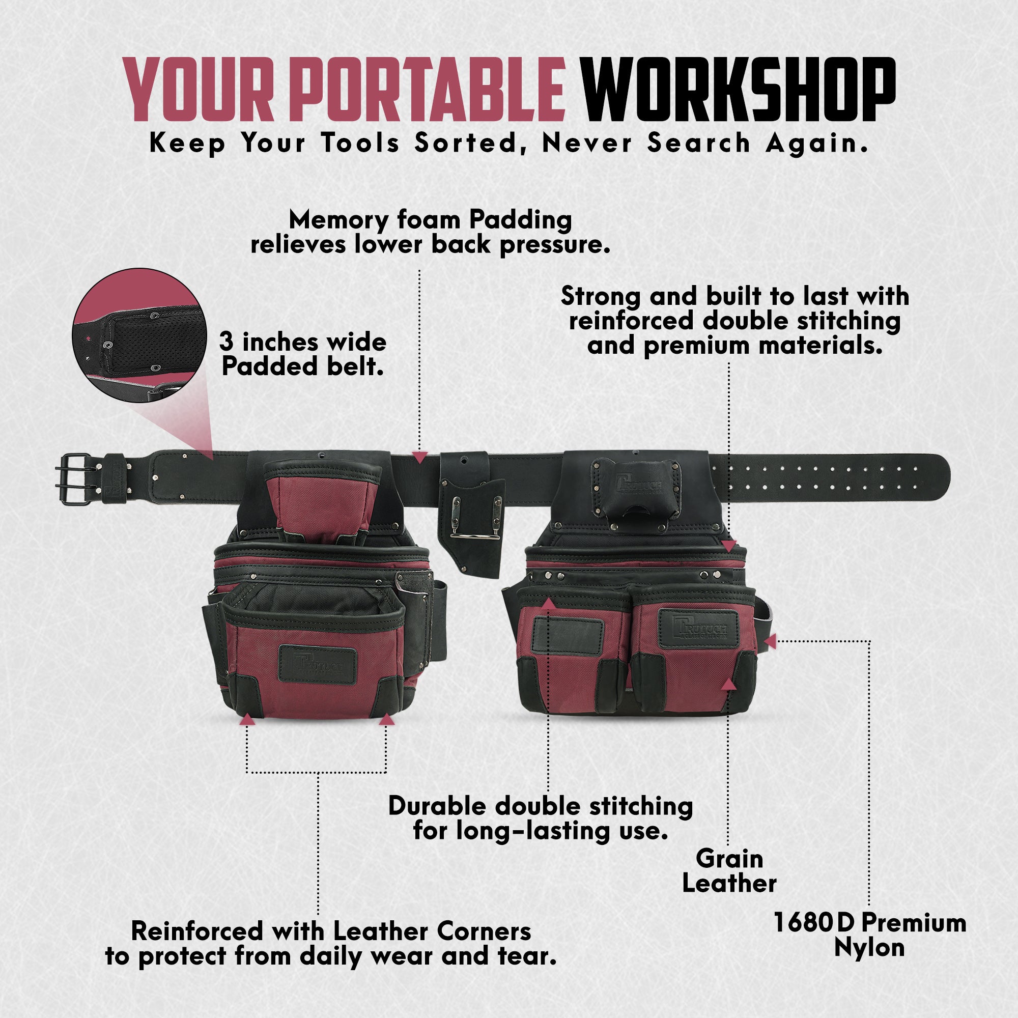 Trutuch Nylon and Leather Tool Belt, 1680 D Framers Tool Belt, Electrician Carpenter Tool Bag Set, TT-1650-R