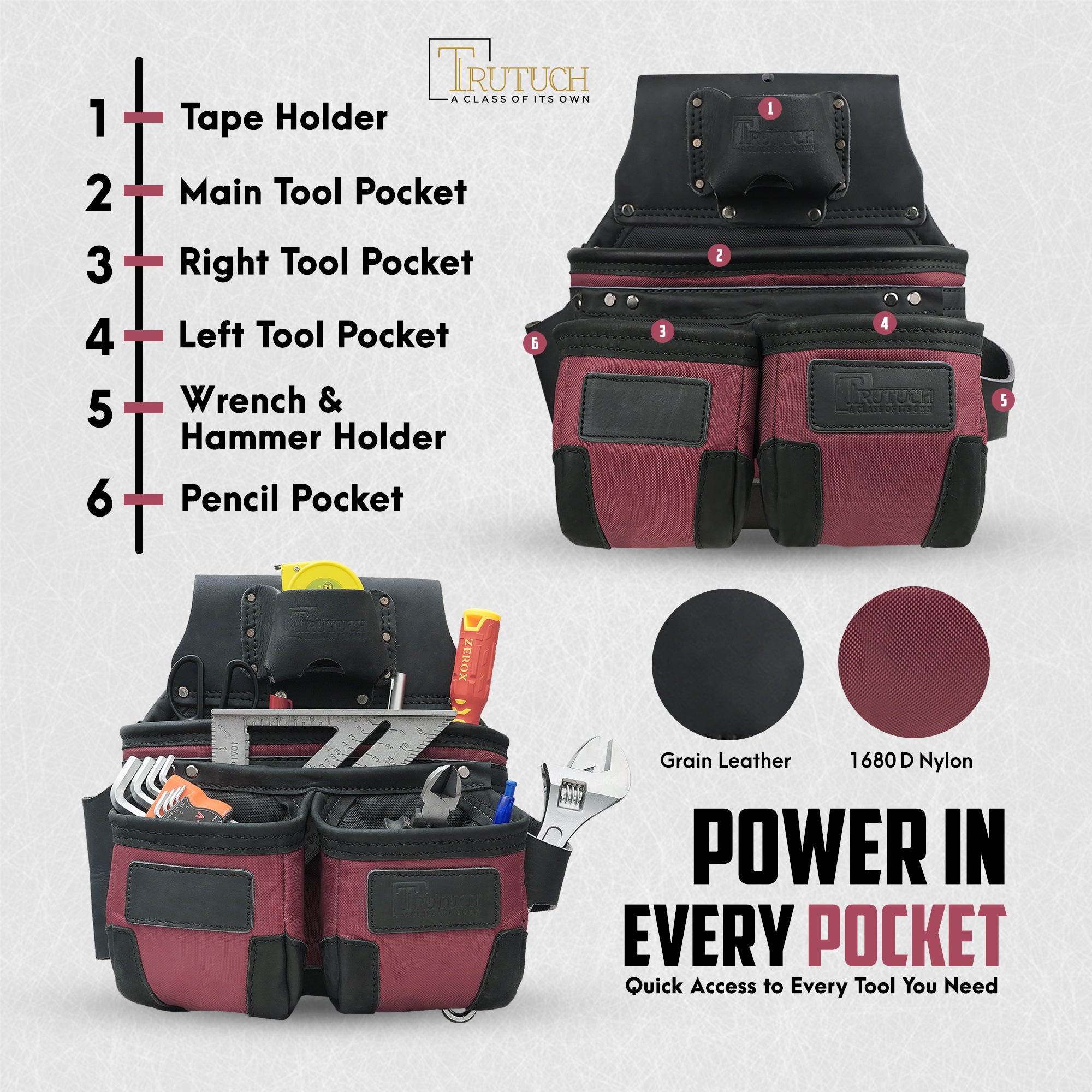 Trutuch Nylon and Leather Tool Belt, 1680 D Framers Tool Belt, Electrician Carpenter Tool Bag Set, TT-1650-R