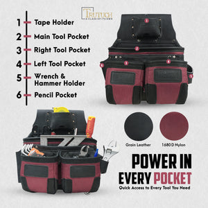 Trutuch Nylon and Leather Tool Belt, 1680 D Framers Tool Belt, Electrician Carpenter Tool Bag Set, TT-1650-R