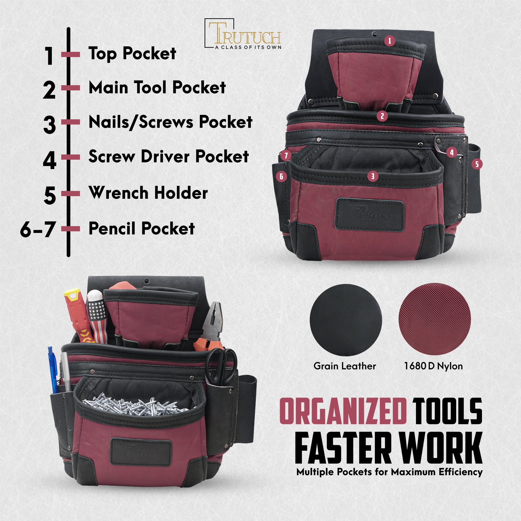 Trutuch Nylon and Leather Tool Belt, 1680 D Framers Tool Belt, Electrician Carpenter Tool Bag Set, TT-1650-R