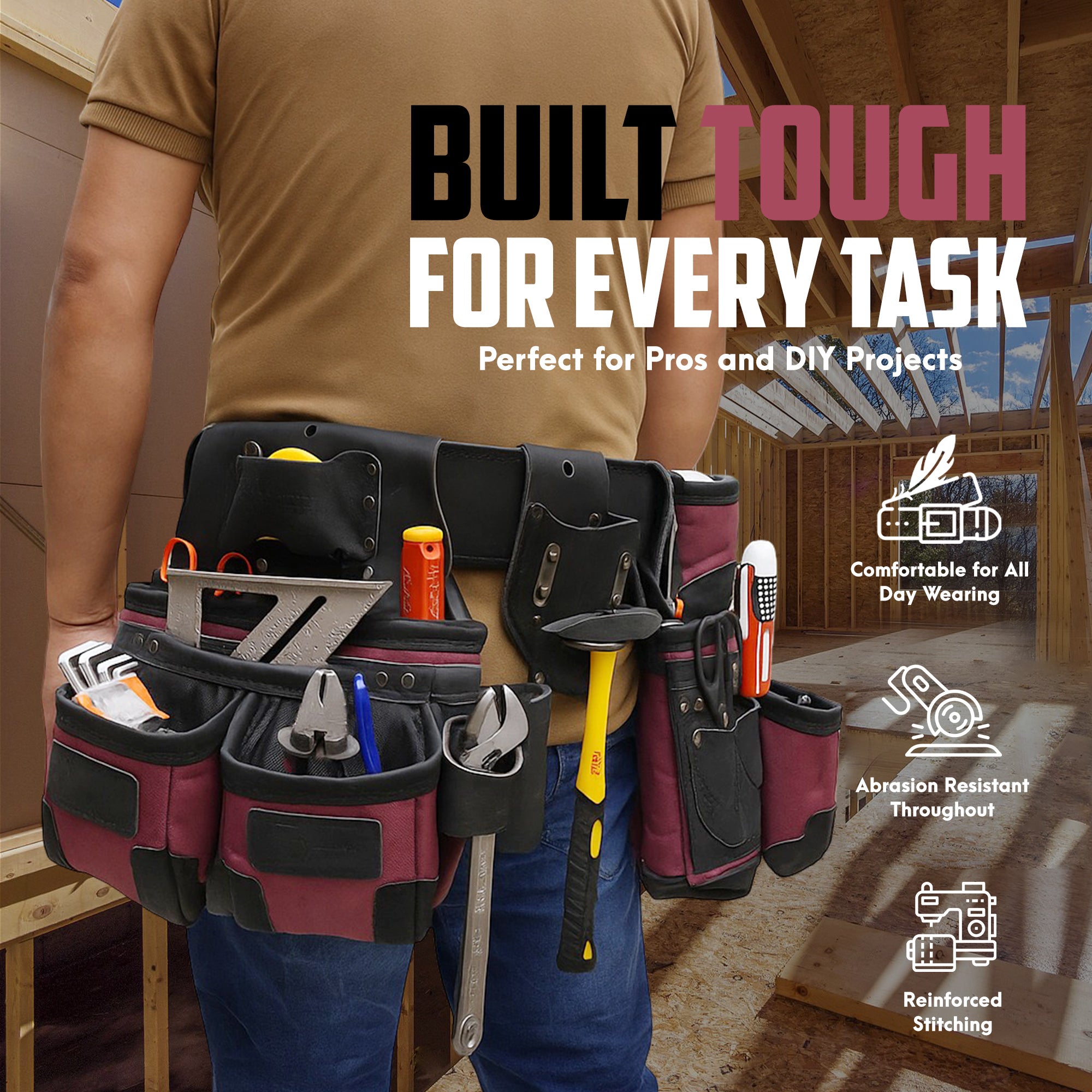 Trutuch Nylon and Leather Tool Belt, 1680 D Framers Tool Belt, Electrician Carpenter Tool Bag Set, TT-1650-R