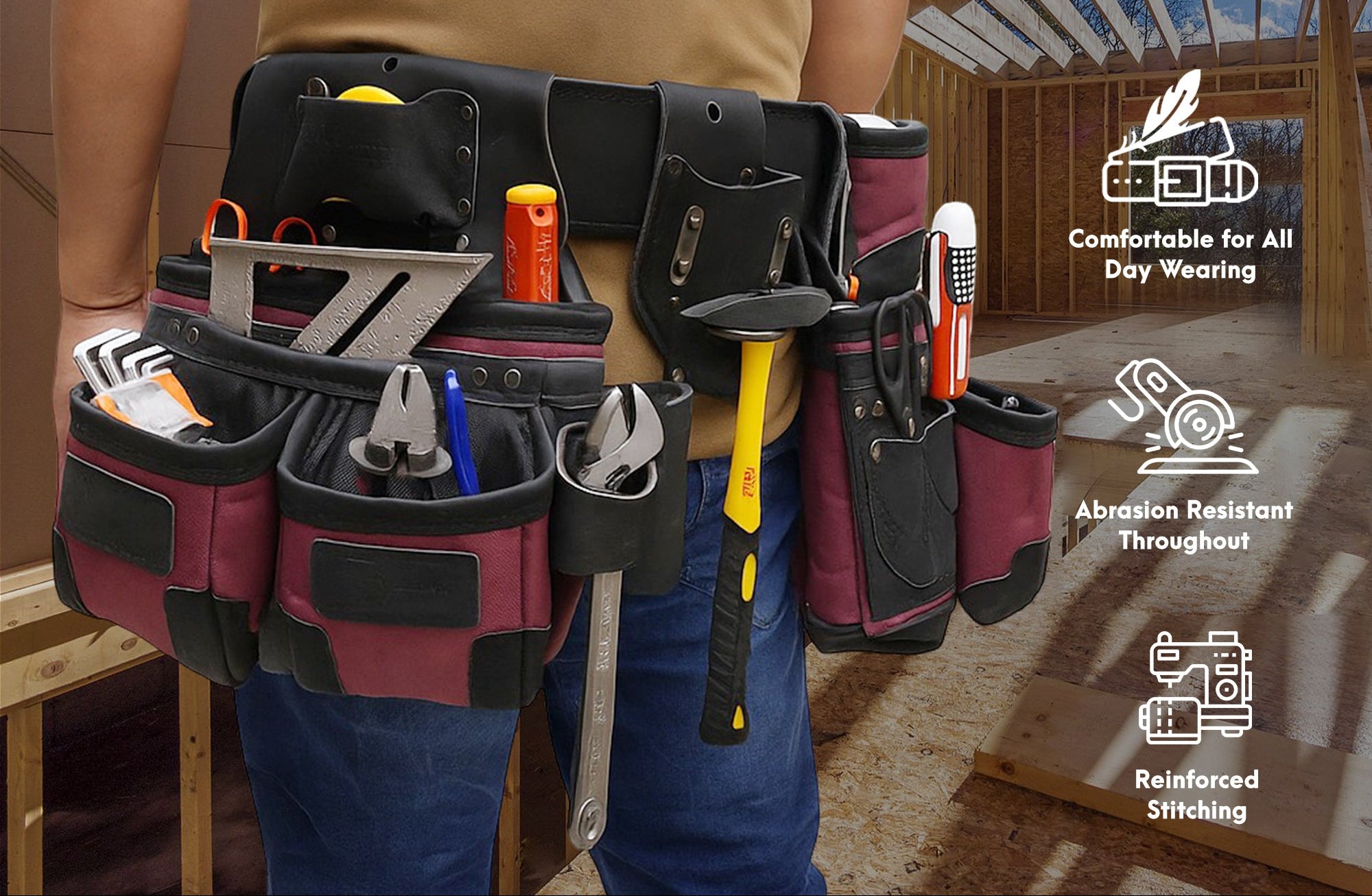 Trutuch Black Nylon & Leather Tool Belt with Leather Work Suspender, Framers Tool Belt, Electrician, Construction, Drywall Tool Belt, TT-1650-R-7060-S