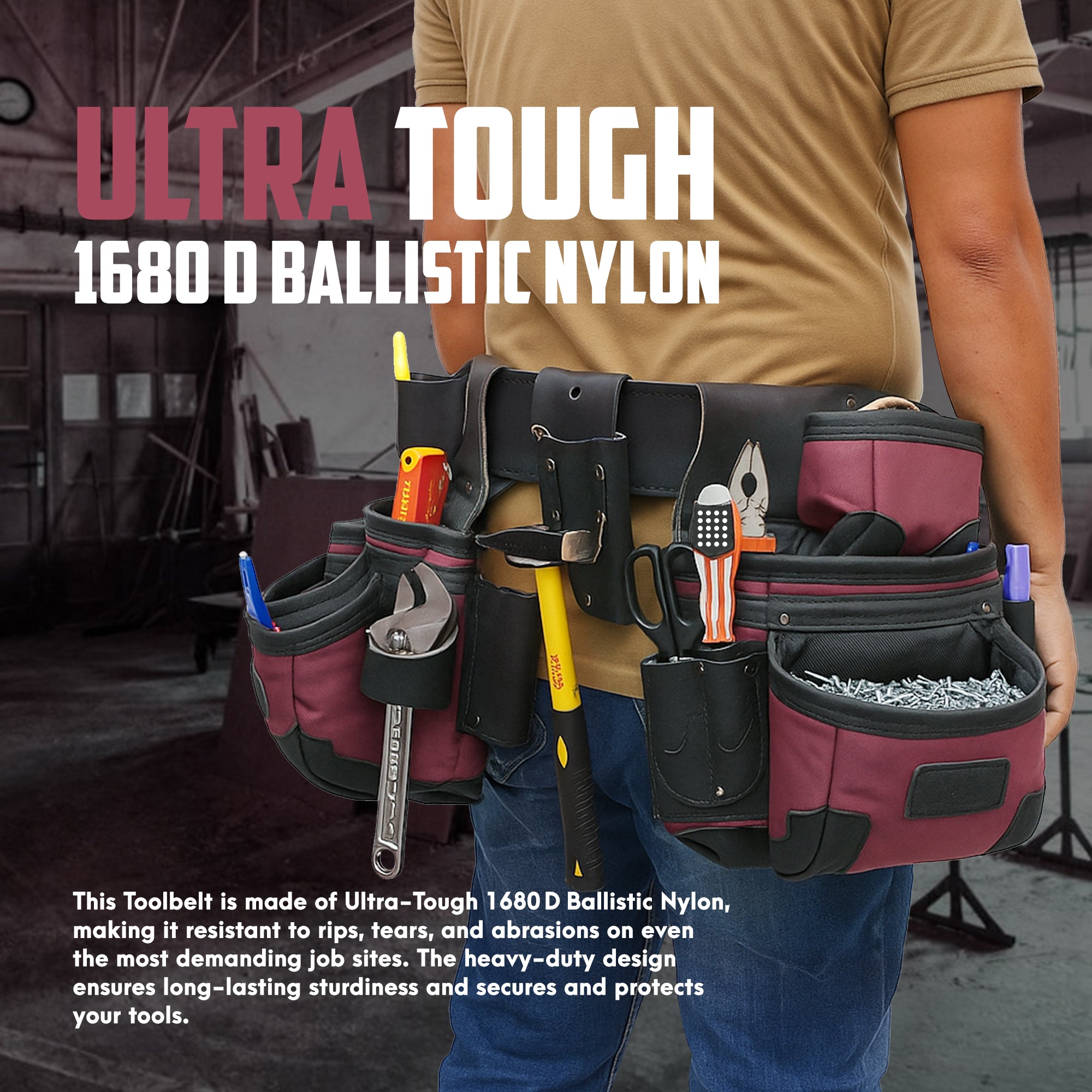 Trutuch Nylon and Leather Tool Belt, 1680 D Framers Tool Belt, Electrician Carpenter Tool Bag Set, TT-1650-R