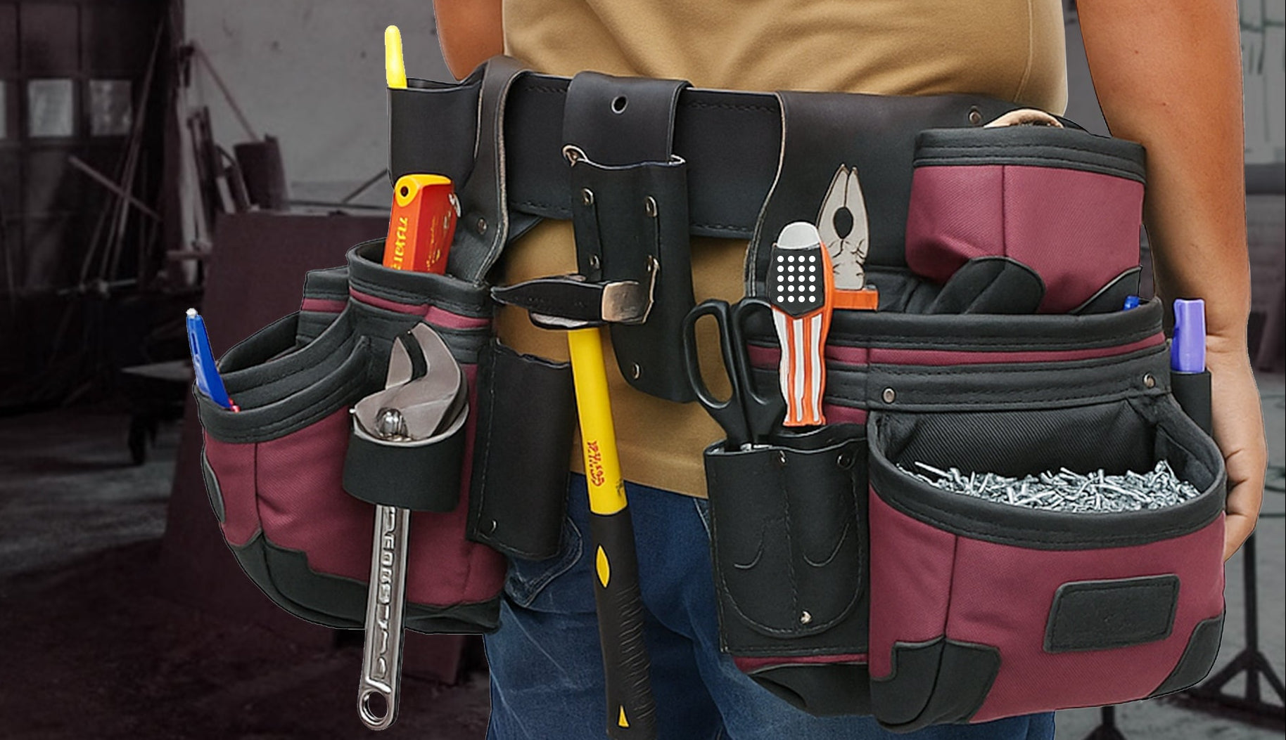 Person wearing a toolbelt with various tools, featuring Ultra Tough 1680 D Ballistic Nylon text.