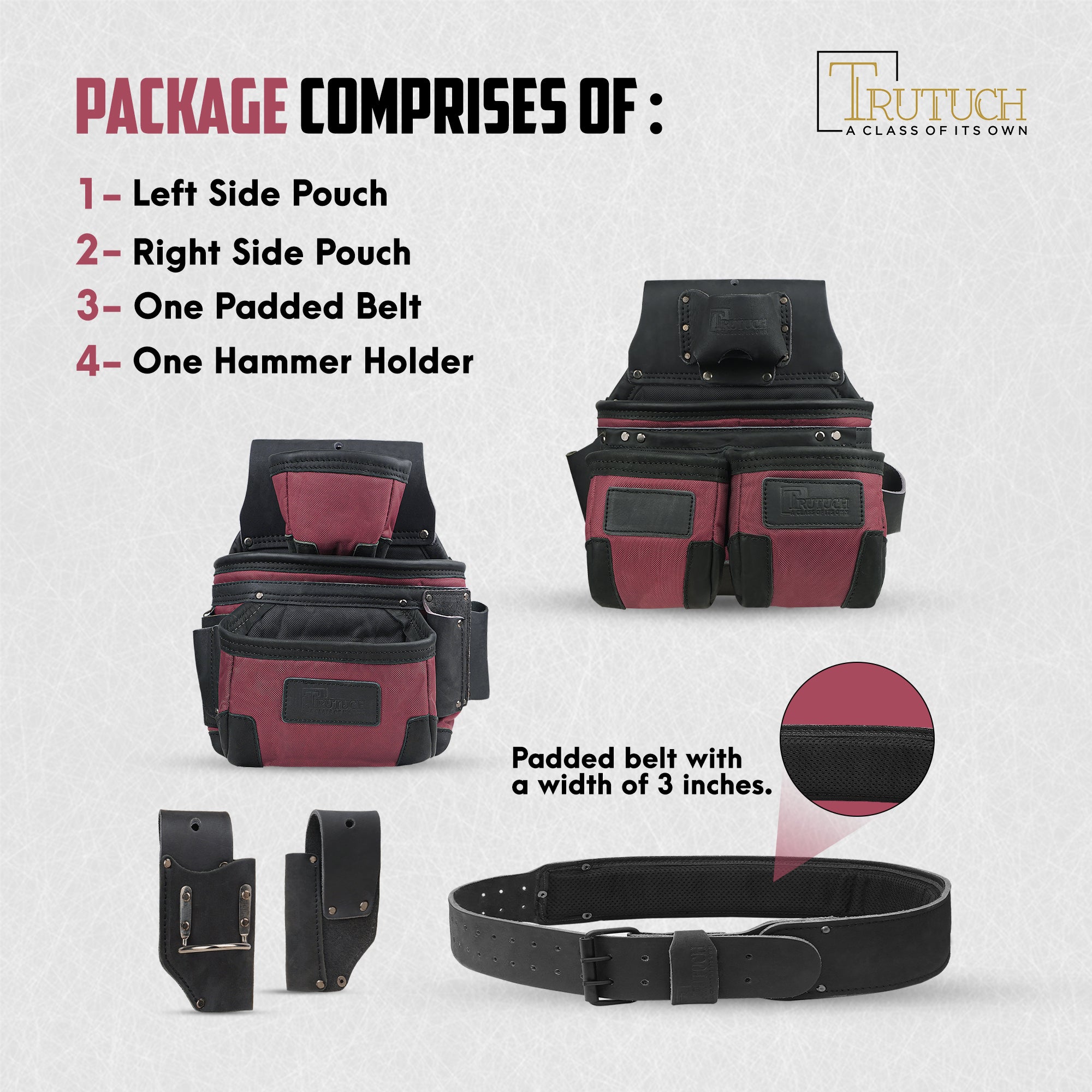 Trutuch Black Nylon & Leather Tool Belt with Leather Work Suspender, Framers Tool Belt, Electrician, Construction, Drywall Tool Belt, TT-1650-R-7060-S