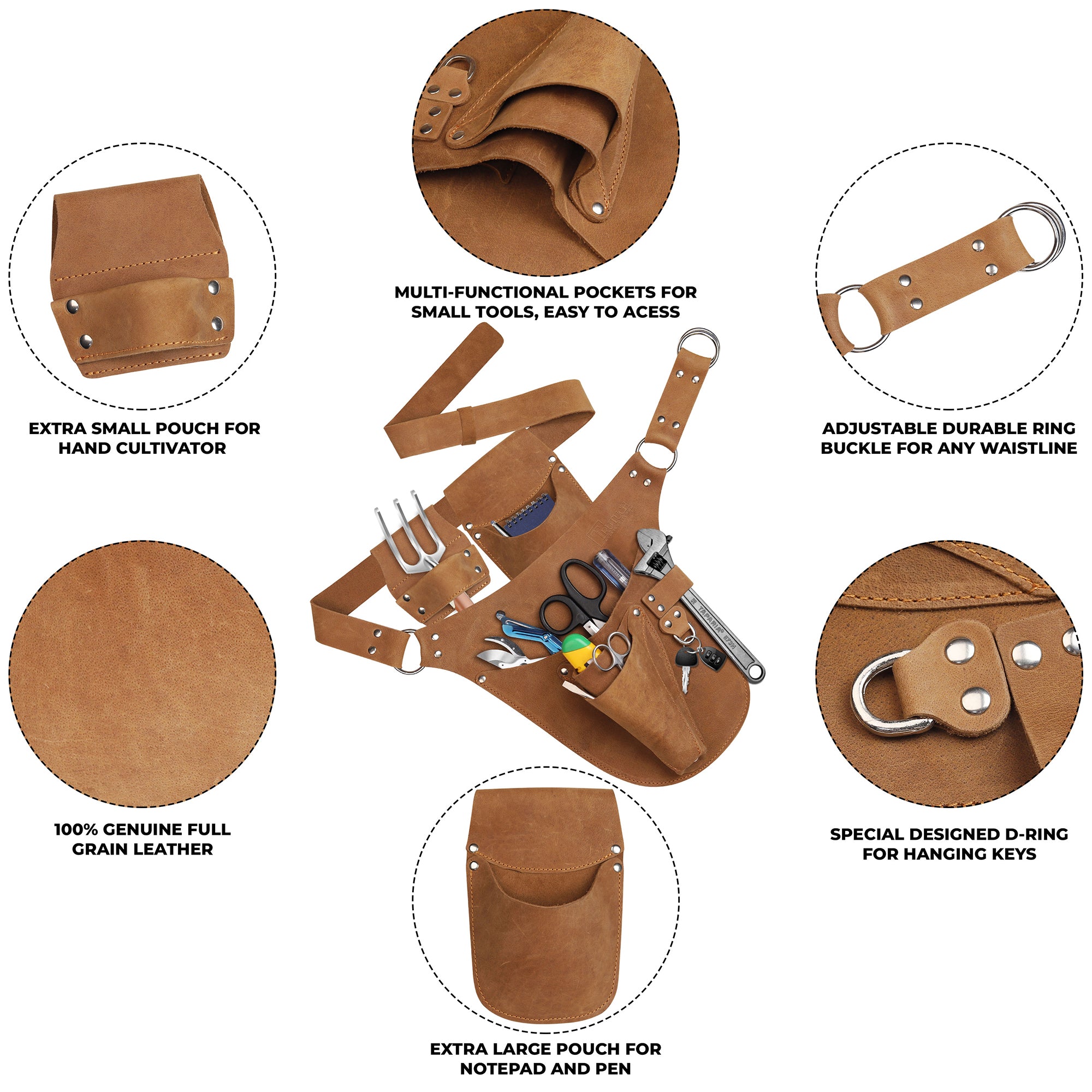 Trutuch Leather Garden Tool Belt for Men Women, Gardening Tool Pouch, Gardener Apron, Holster Pouch, Florist Belt, TT-5010-G