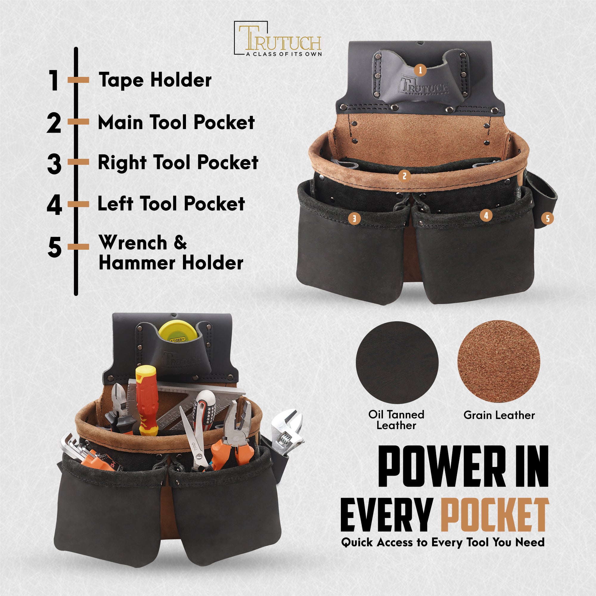 Trutuch Oil Tanned Leather Tool Belt with Leather Work Suspender, Framers Tool Belt, Electrician, Construction, Drywall Tool Belt TT-3050-R-7060-S