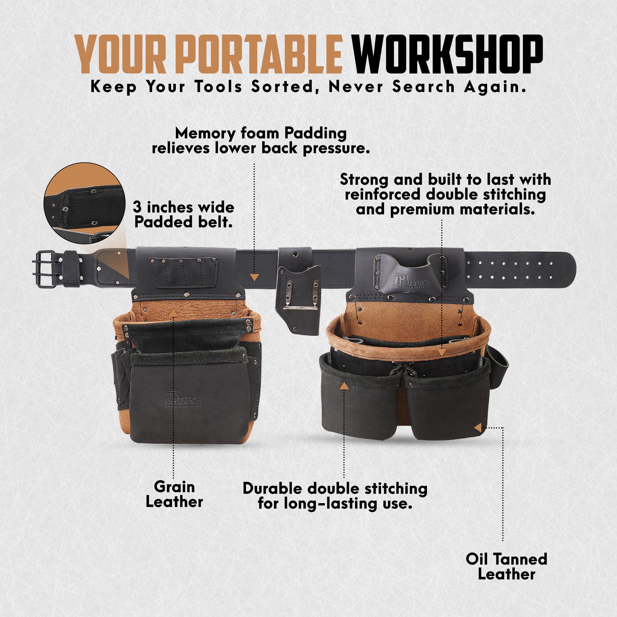 Trutuch Oil Tanned Leather Tool Belt with Leather Work Suspender, Framers Tool Belt, Electrician, Construction, Drywall Tool Belt TT-3050-R-7060-S