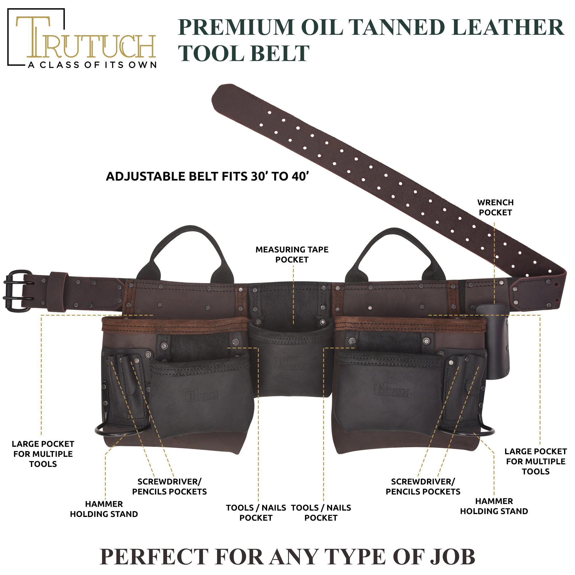 Trutuch Brown Combine Leather Tool Belt, Carpenter Tool Belt, Drywall Tool Belt for Handyman, TT-4030-R