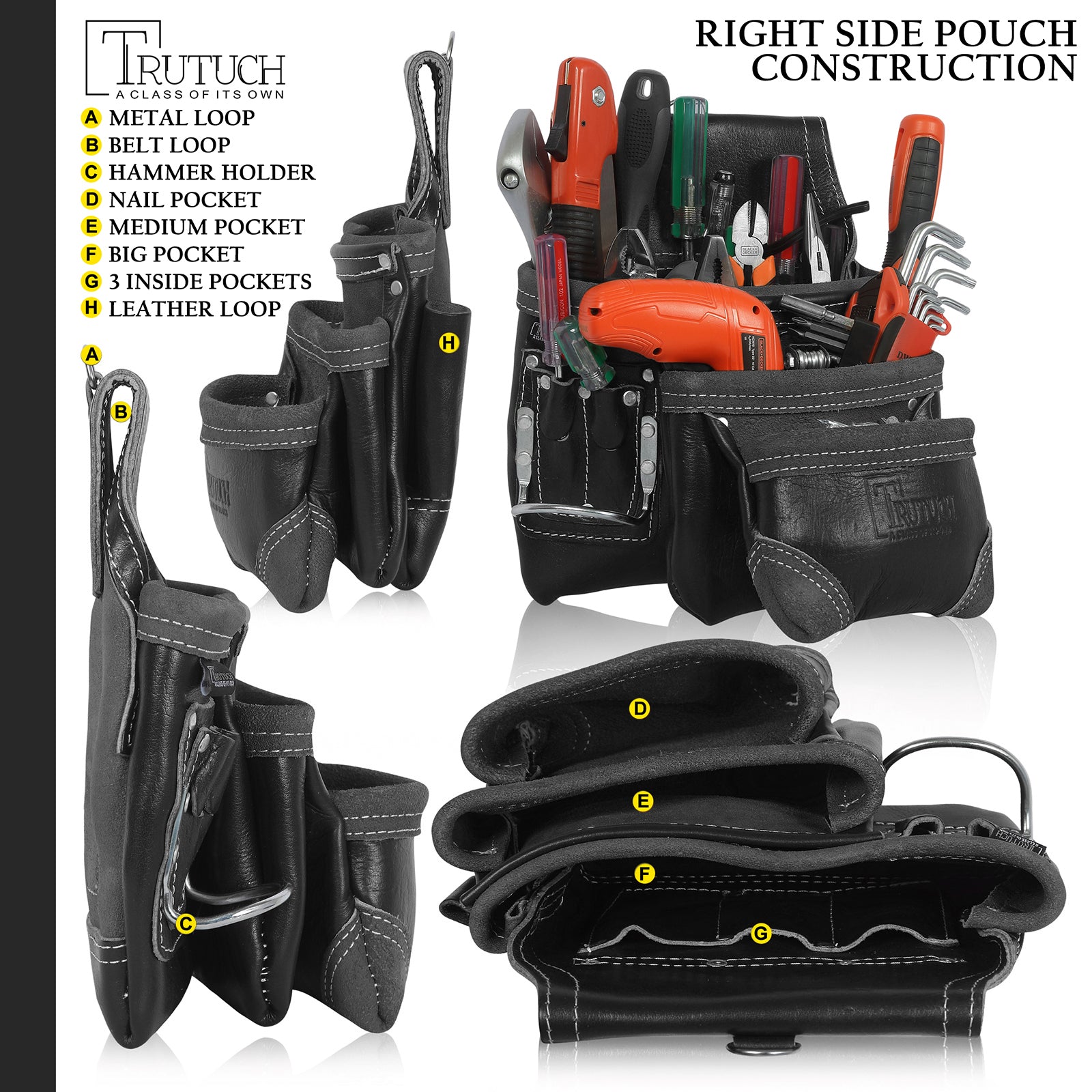 Trutuch Black Grain Leather Tool Belt for Men, Carpenter Tool Bag,18 Pockets, Tool Pouch, TT-3020-R