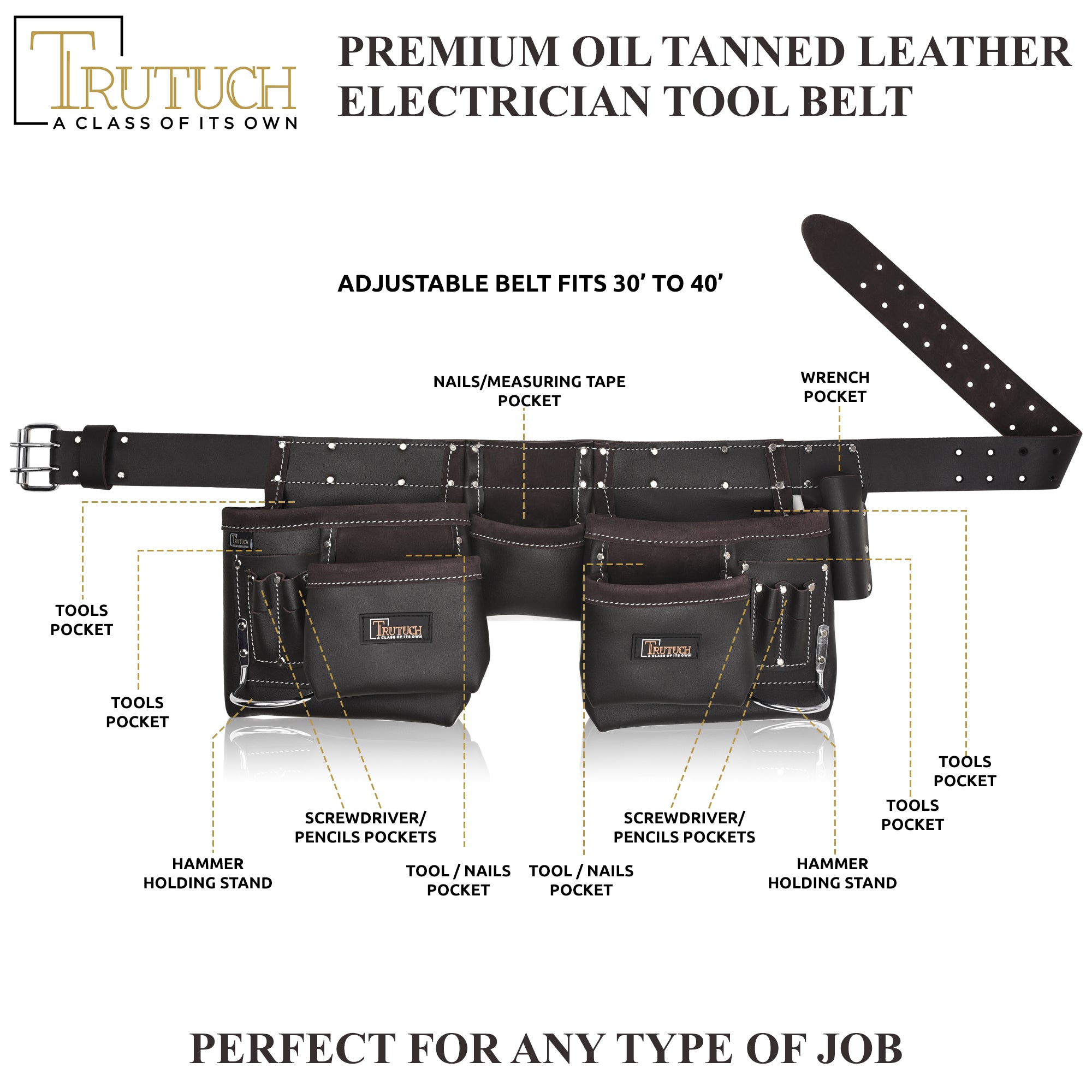 Trutuch Chocolate Combine Leather Tool Belt, Carpenter Tool Belt, Drywall Tool Belt for Handyman, TT-4020-R