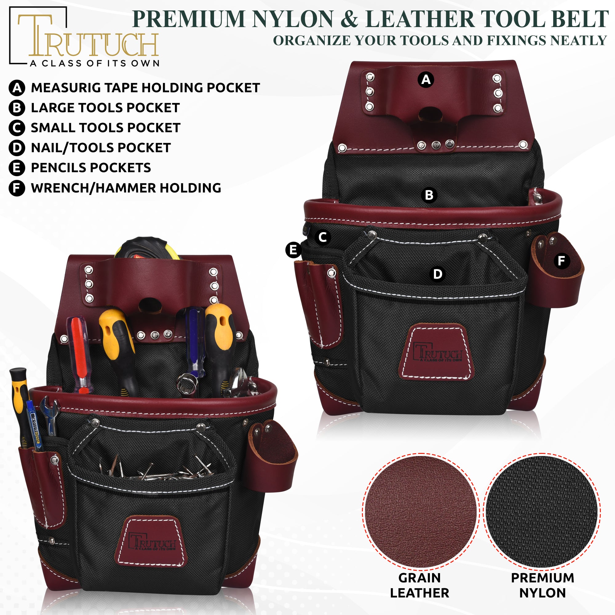 Trutuch Nylon & Leather Tool Belt, Framers Tool Belt, Electrician Carpenter Tool Bag Set, TT-1600-RR