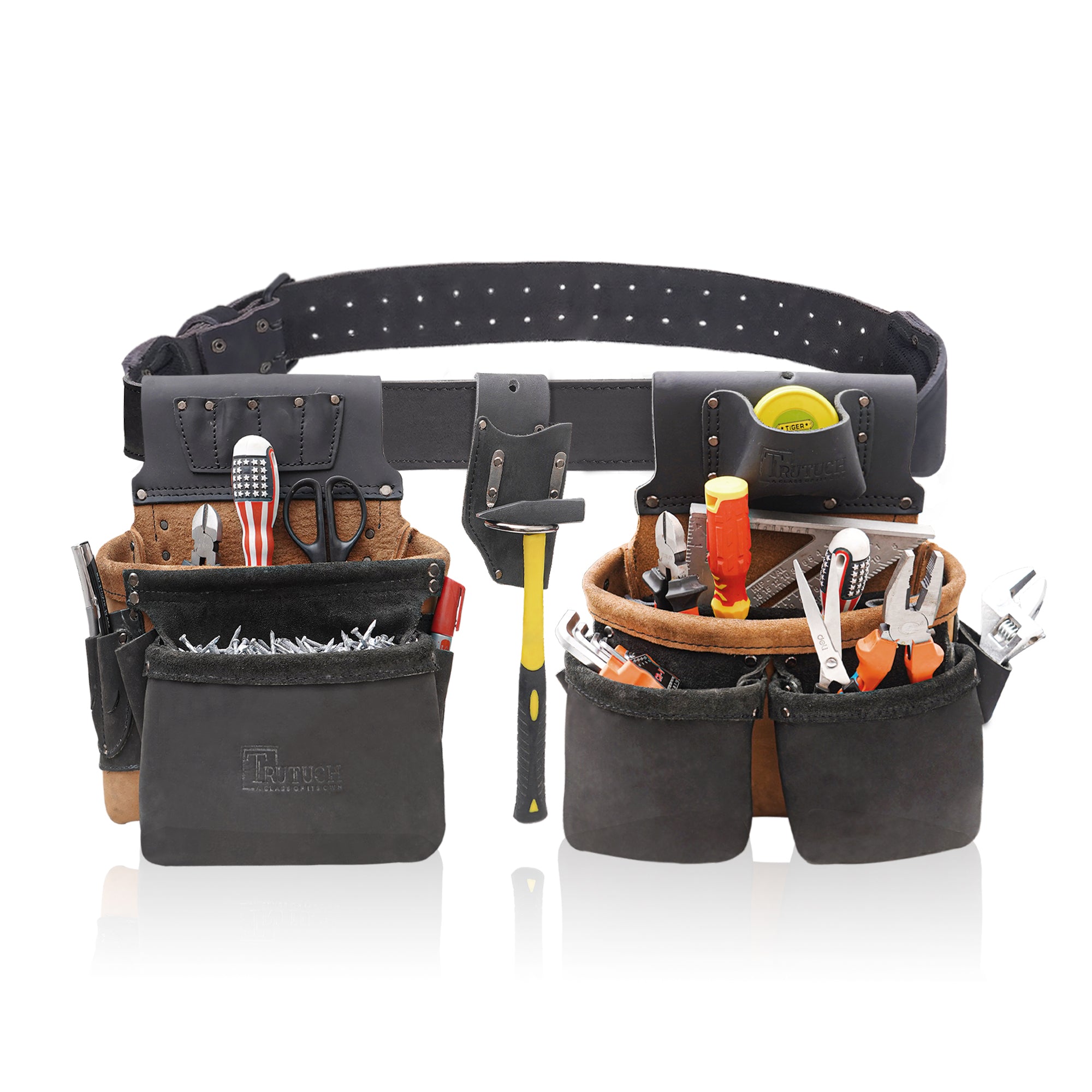 Trutuch Oil Tanned Leather Tool Belt with Leather Work Suspender, Framers Tool Belt, Electrician, Construction, Drywall Tool Belt TT-3050-R-7060-S