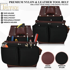 Trutuch Nylon and Leather Tool Belt, Nylon Tool Bag for Carpenter, Tool Pouch, Electrician, TT-1520-R