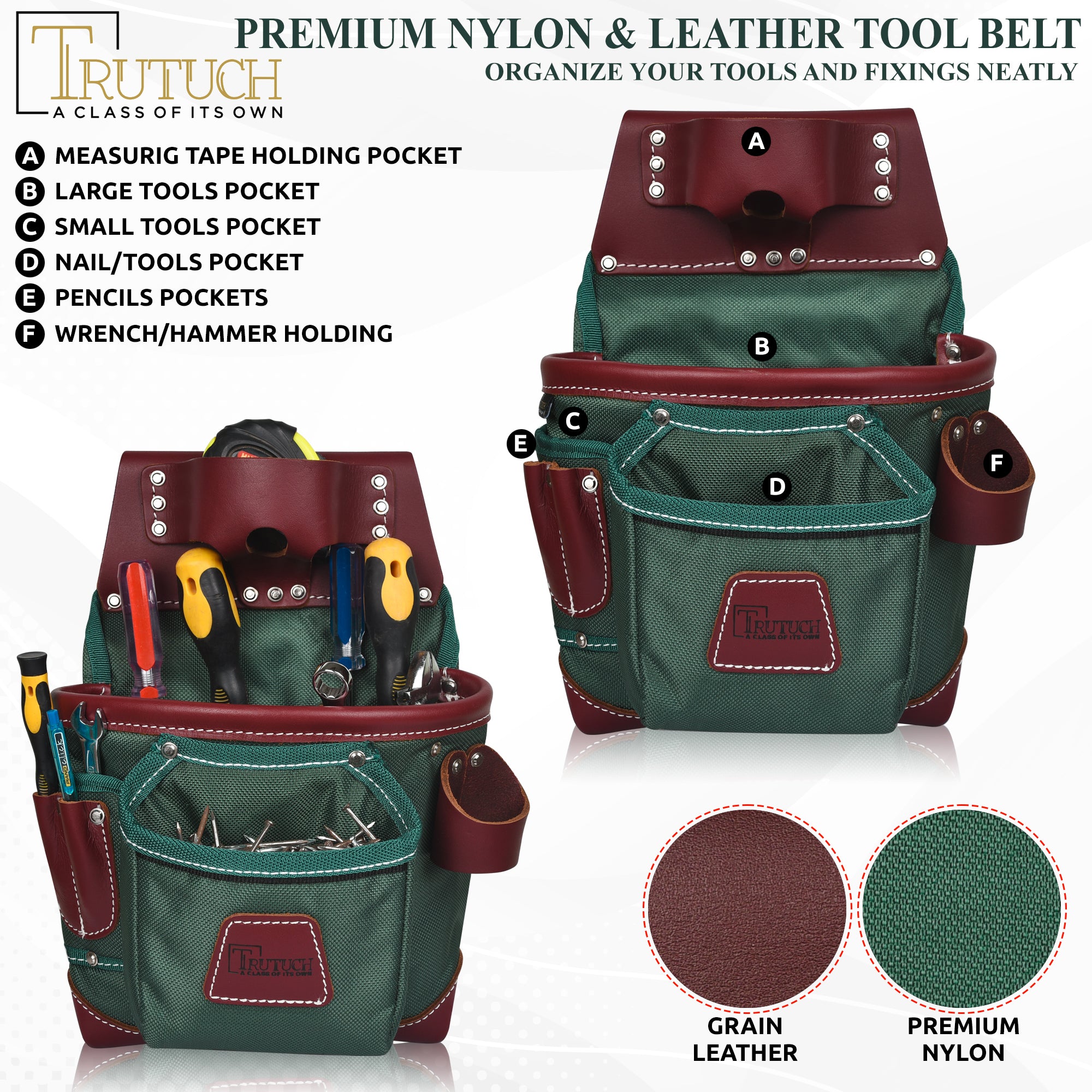 Trutuch Nylon and Leather Tool Belt, Framers Tool Belt, Electrician Carpenter Tool Bag Set, TT-1610-R