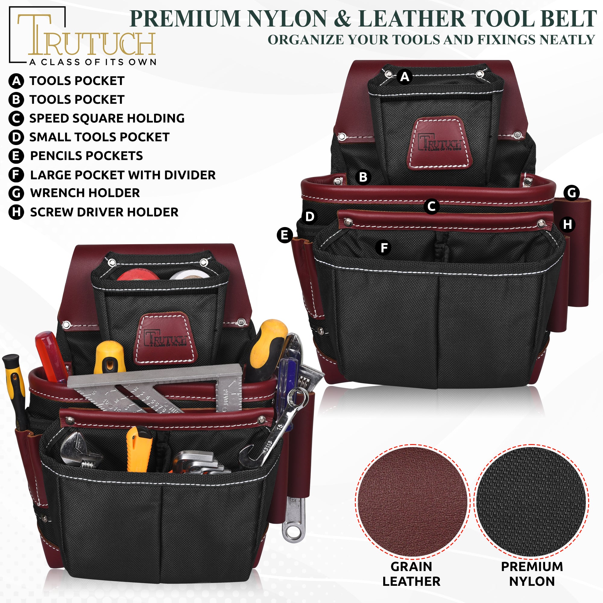 Trutuch Nylon & Leather Tool Belt, Framers Tool Belt, Electrician Carpenter Tool Bag Set, TT-1600-RR