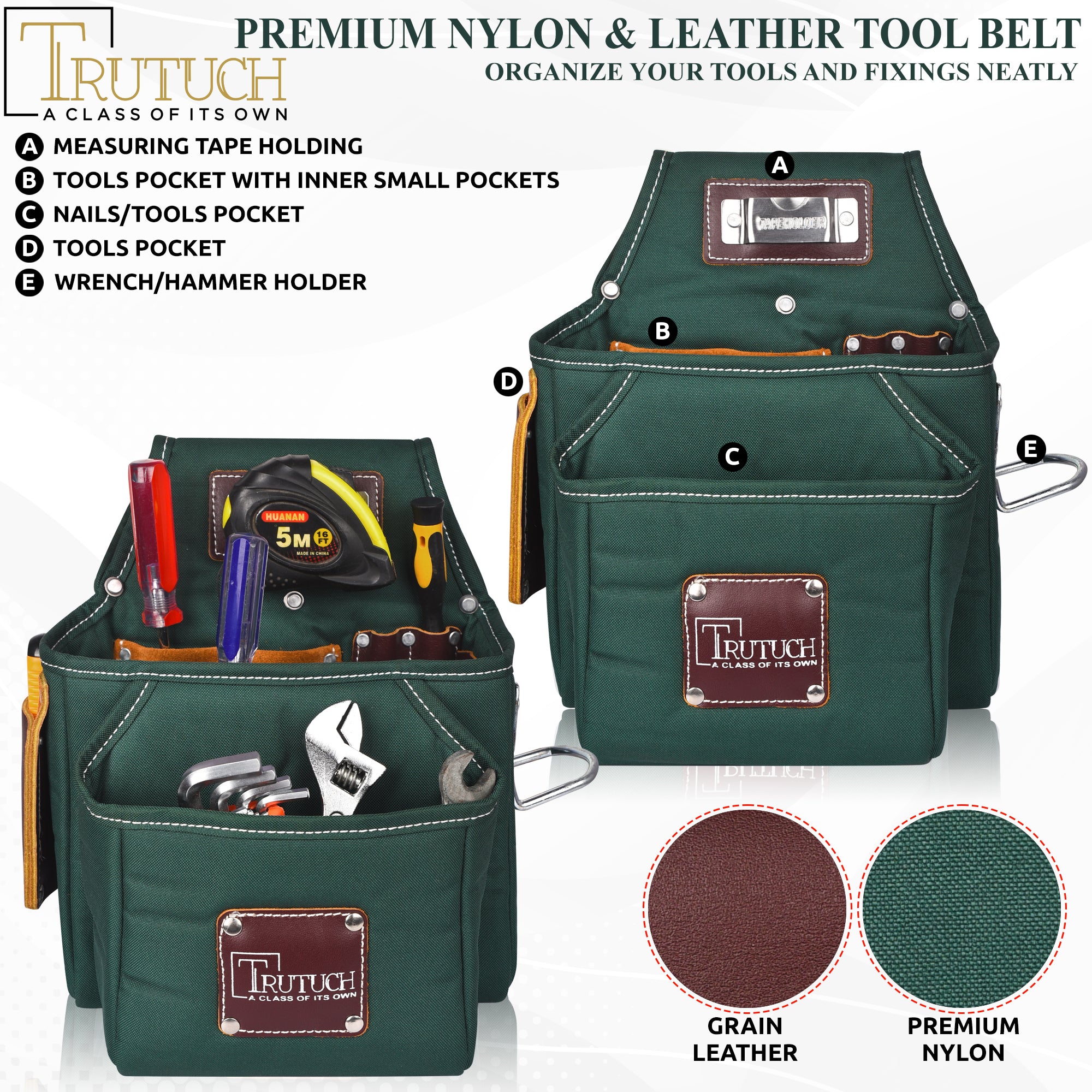 Trutuch Nylon & Leather Tool Belt, Framers Tool Belt, Electrician Carpenter Tool Bag Set, TT-1710-R