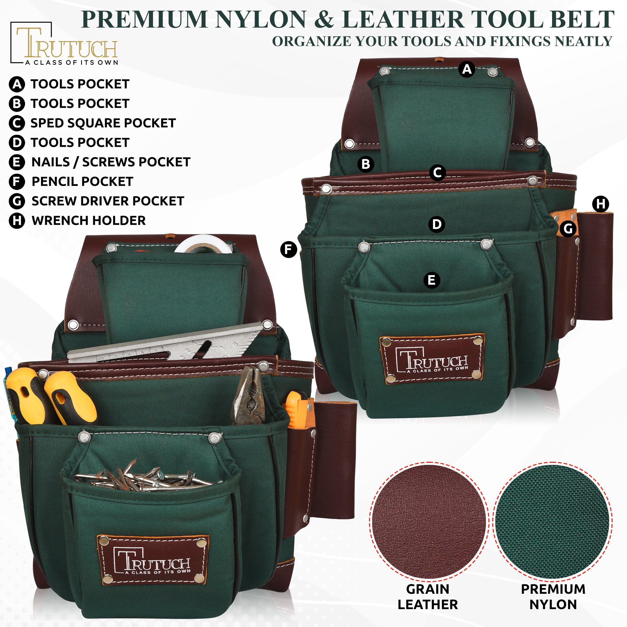 Trutuch Green Nylon & Leather Tool Belt with Leather Work Suspender, Framers Tool Belt, Electrician, Construction, Drywall Tool Belt, TT-1530-R-7010-S