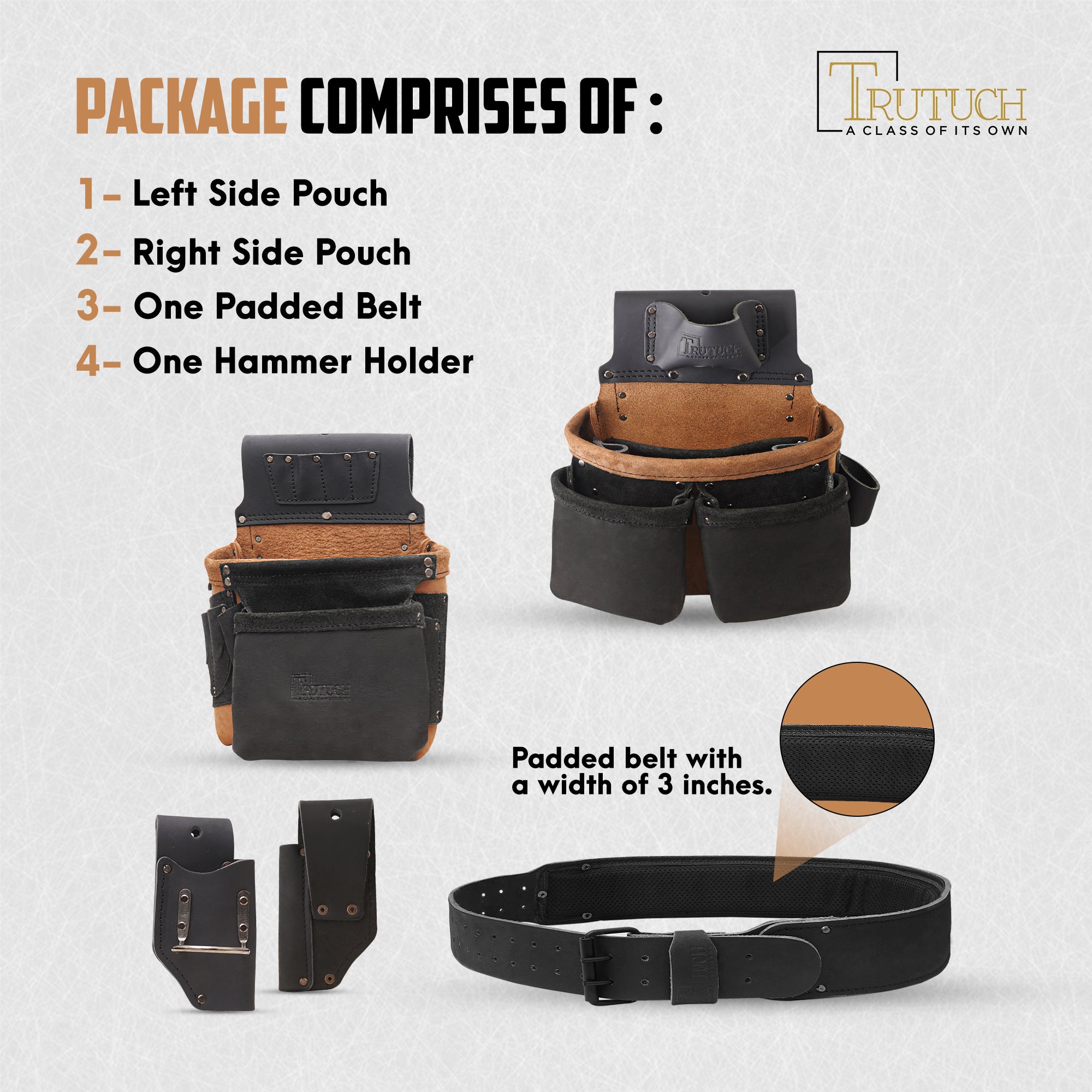 Trutuch Oil Tanned Leather Tool Belt, Framers Tool Belts, Electrician Carpenter Tool Bag Set, TT-3050-R