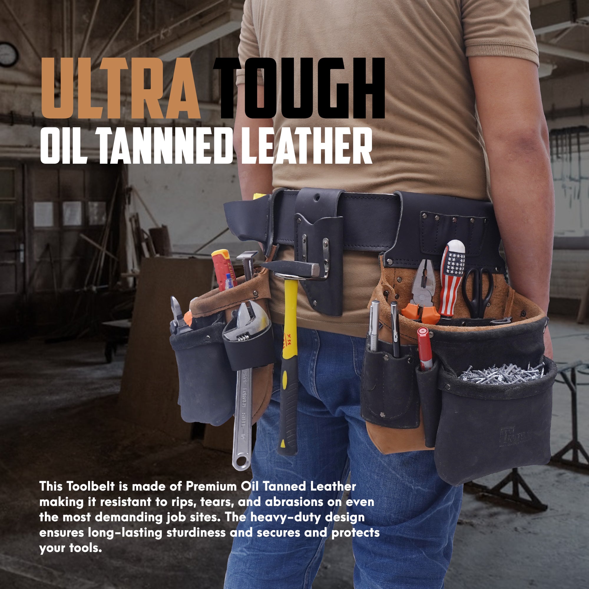 Trutuch Oil Tanned Leather Tool Belt with Leather Work Suspender, Framers Tool Belt, Electrician, Construction, Drywall Tool Belt TT-3050-R-7060-S