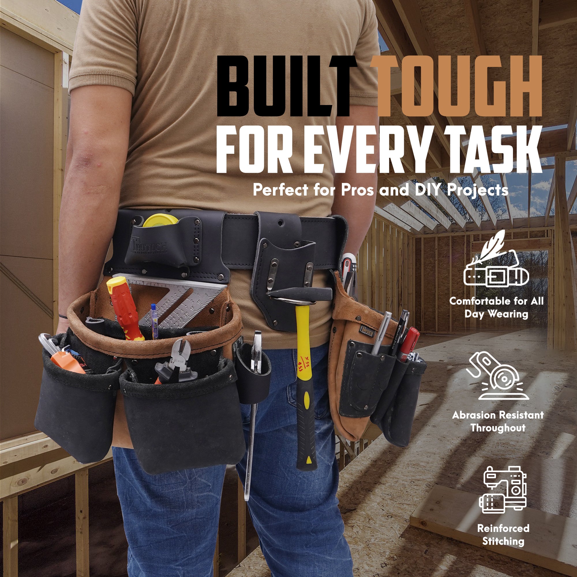 Trutuch Oil Tanned Leather Tool Belt with Leather Work Suspender, Framers Tool Belt, Electrician, Construction, Drywall Tool Belt TT-3050-R-7060-S