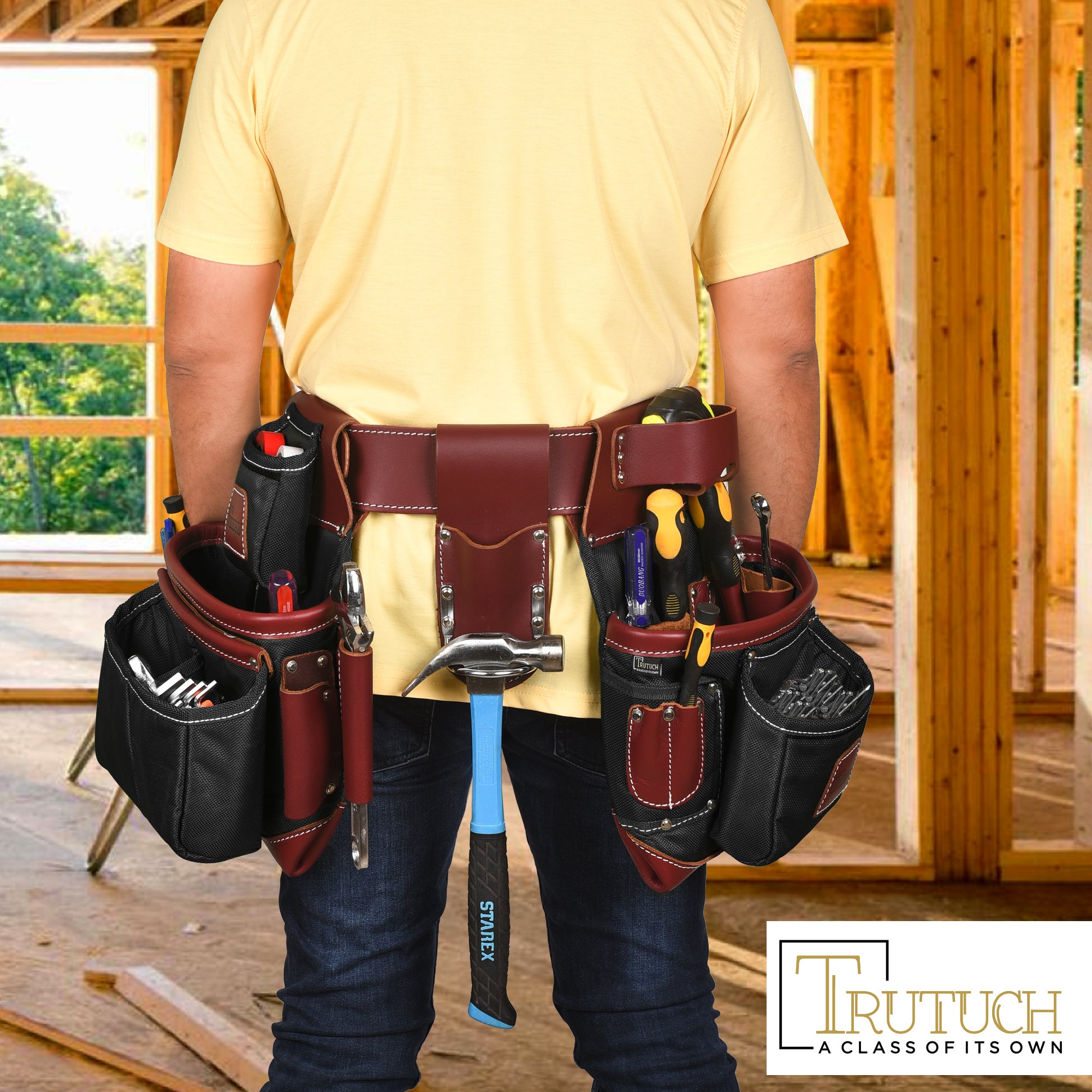 Trutuch Nylon & Leather Tool Belt, Framers Tool Belt, Electrician Carpenter Tool Bag Set, TT-1600-RR