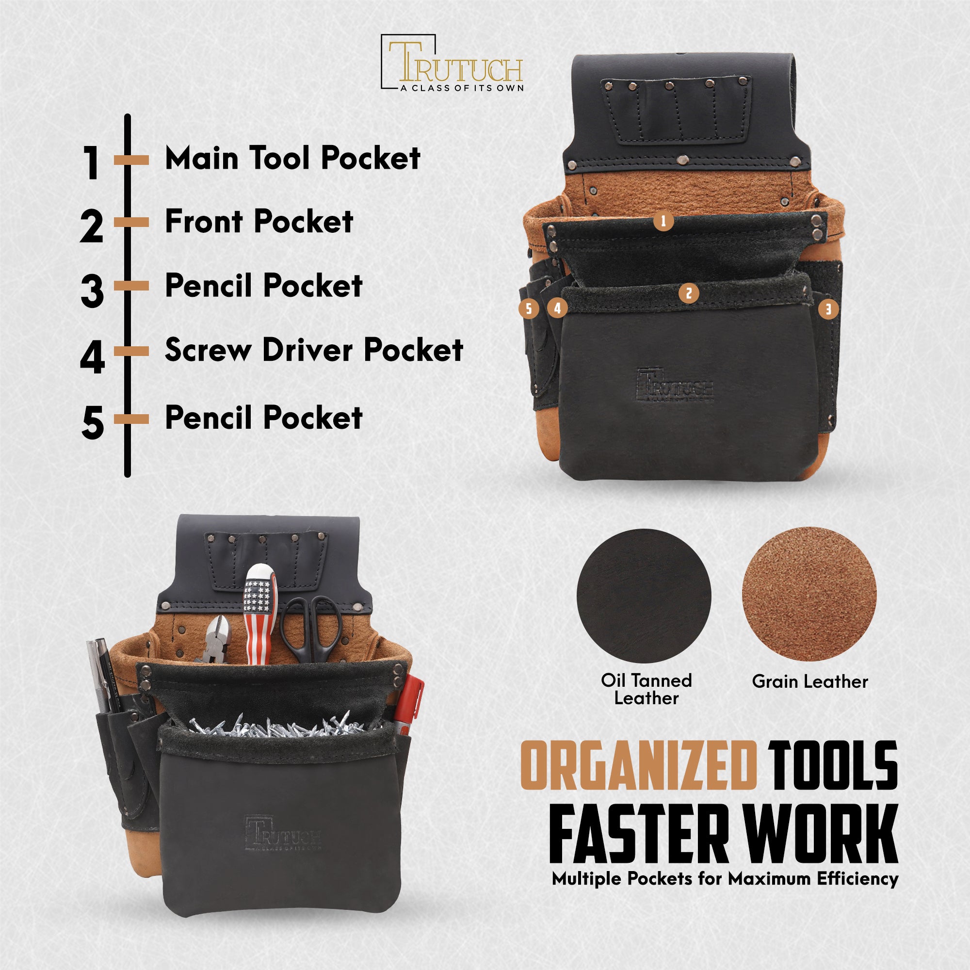 Trutuch Oil Tanned Leather Tool Belt with Leather Work Suspender, Framers Tool Belt, Electrician, Construction, Drywall Tool Belt TT-3050-R-7060-S