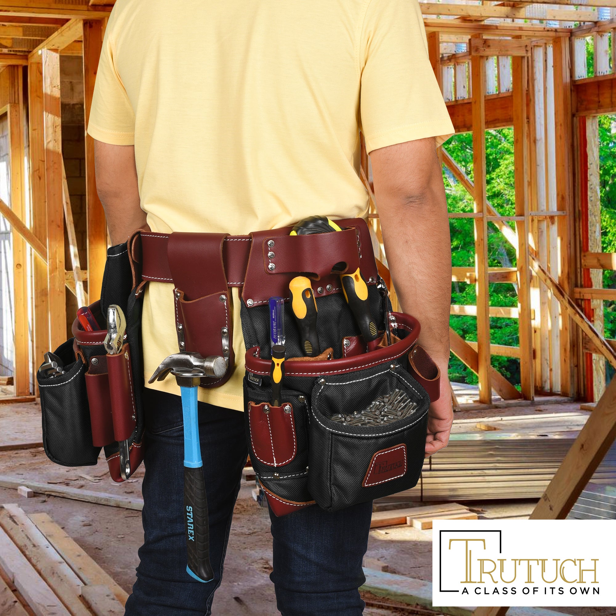 Trutuch Nylon & Leather Tool Belt, Framers Tool Belt, Electrician Carpenter Tool Bag Set, TT-1600-RR