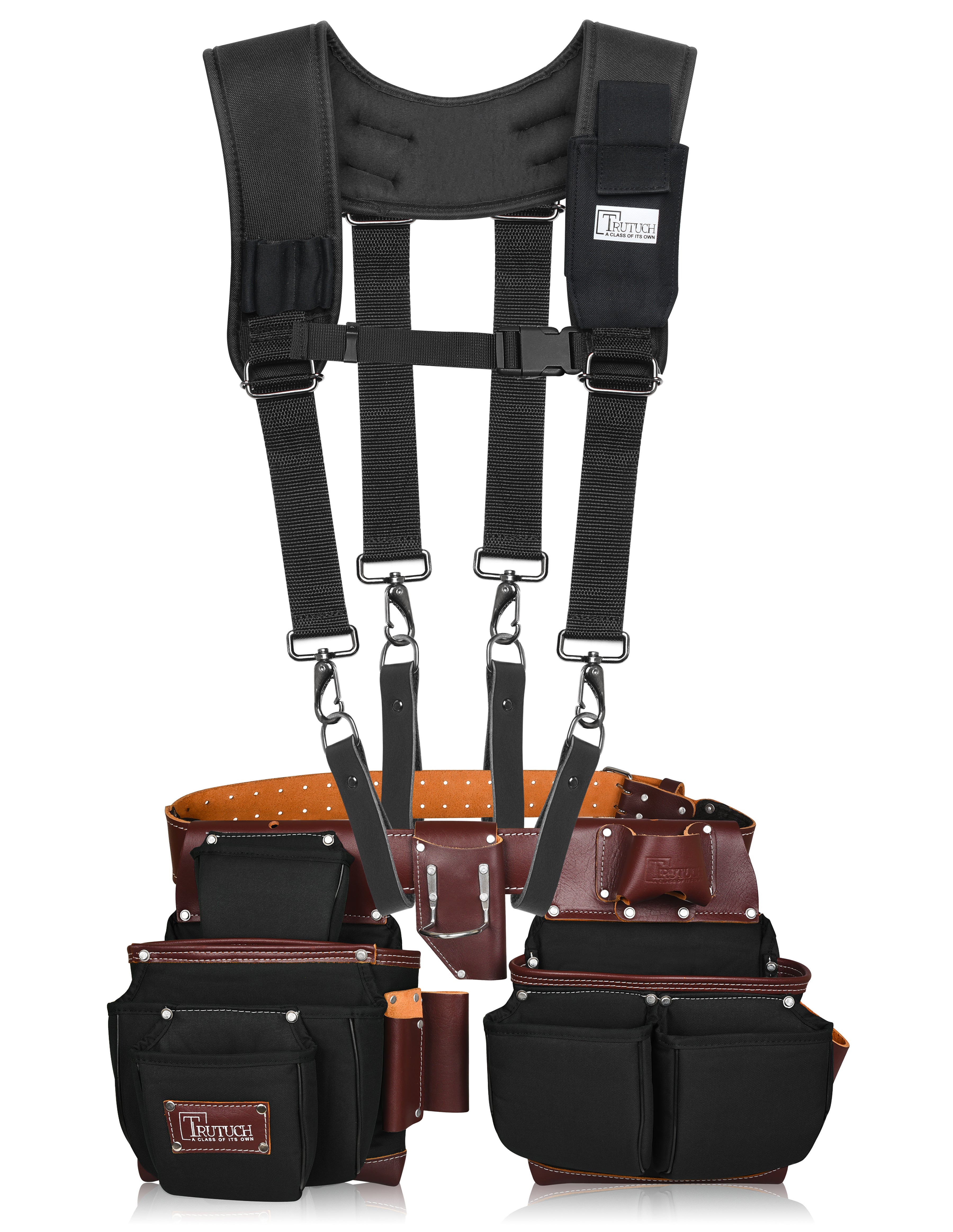 Trutuch Black Nylon & Leather Tool Belt with Nylon Work Suspender, Framers Tool Belt, Electrician, Construction, Drywall Tool Belt, TT-1520-R-7040-S