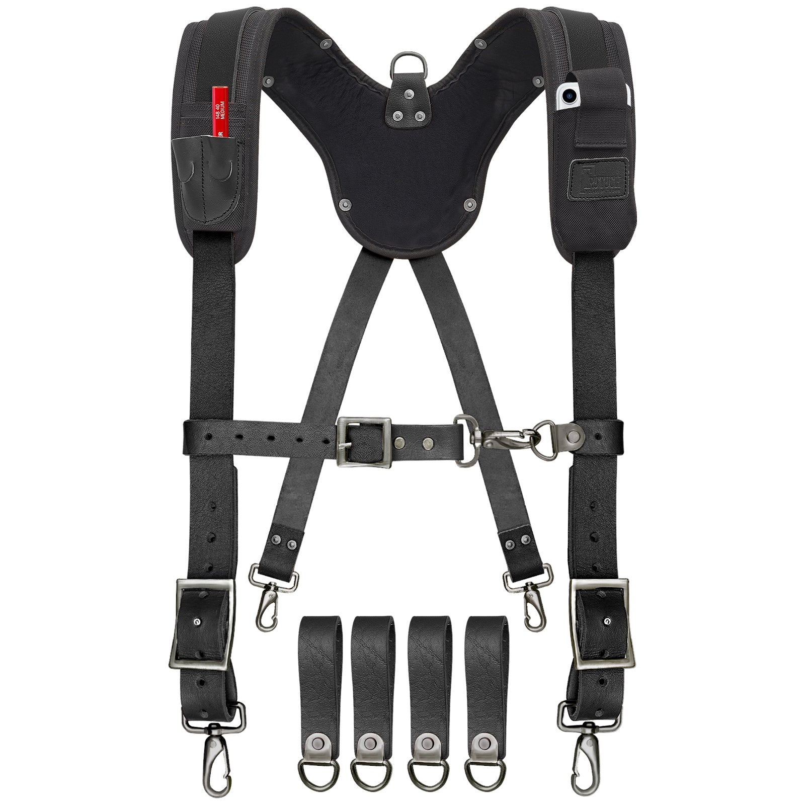 Trutuch Black Leather Work Suspenders with Cell Phone Pocket, Comfortable Padded Leather Tool Belt Suspenders, Maroon Suspension System, TT-7060-S