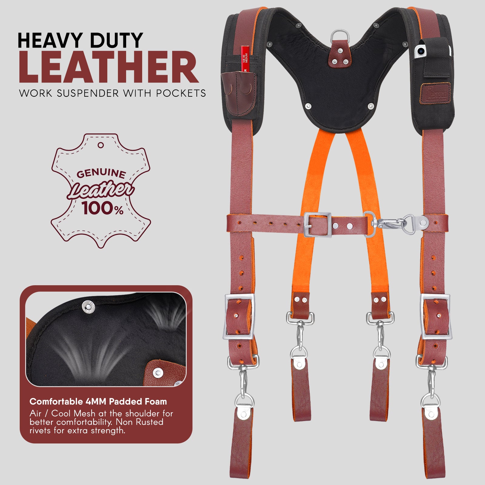 Trutuch Maroon Leather Work Suspenders with Cell Phone Pocket, Comfortable Padded Leather Tool Belt Suspenders, Maroon Suspension System, TT-7050-S