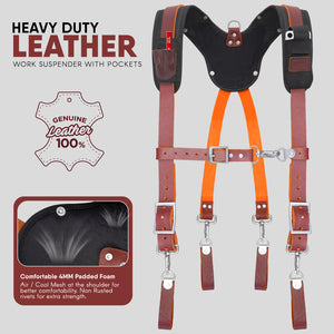 Trutuch Maroon Leather Work Suspenders with Cell Phone Pocket, Comfortable Padded Leather Tool Belt Suspenders, Maroon Suspension System, TT-7050-S