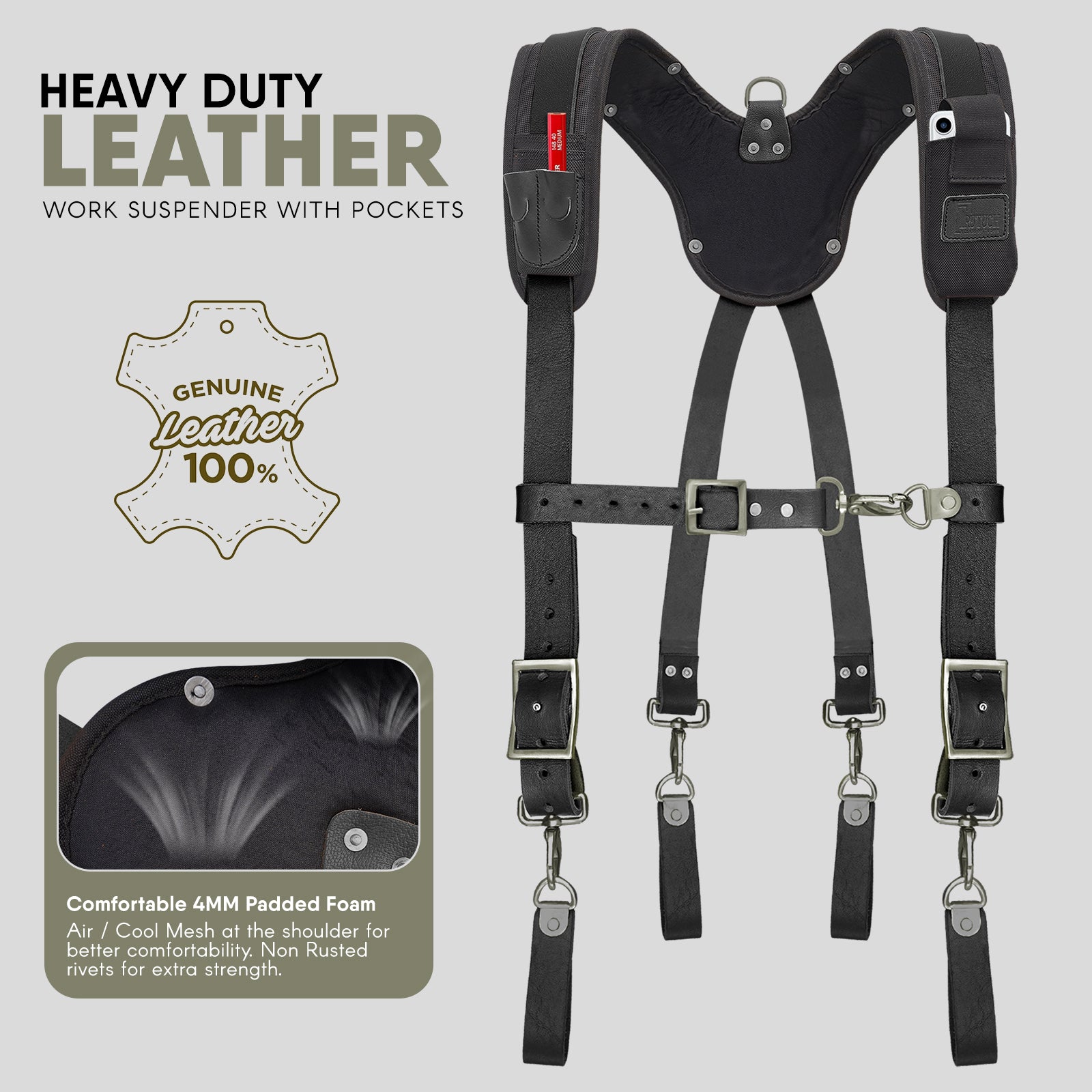 Trutuch Black Leather Tool Belt with Pocket Suspender, Carpenter Tool Belt, Tool Bag, TT-3020-R-7060-S