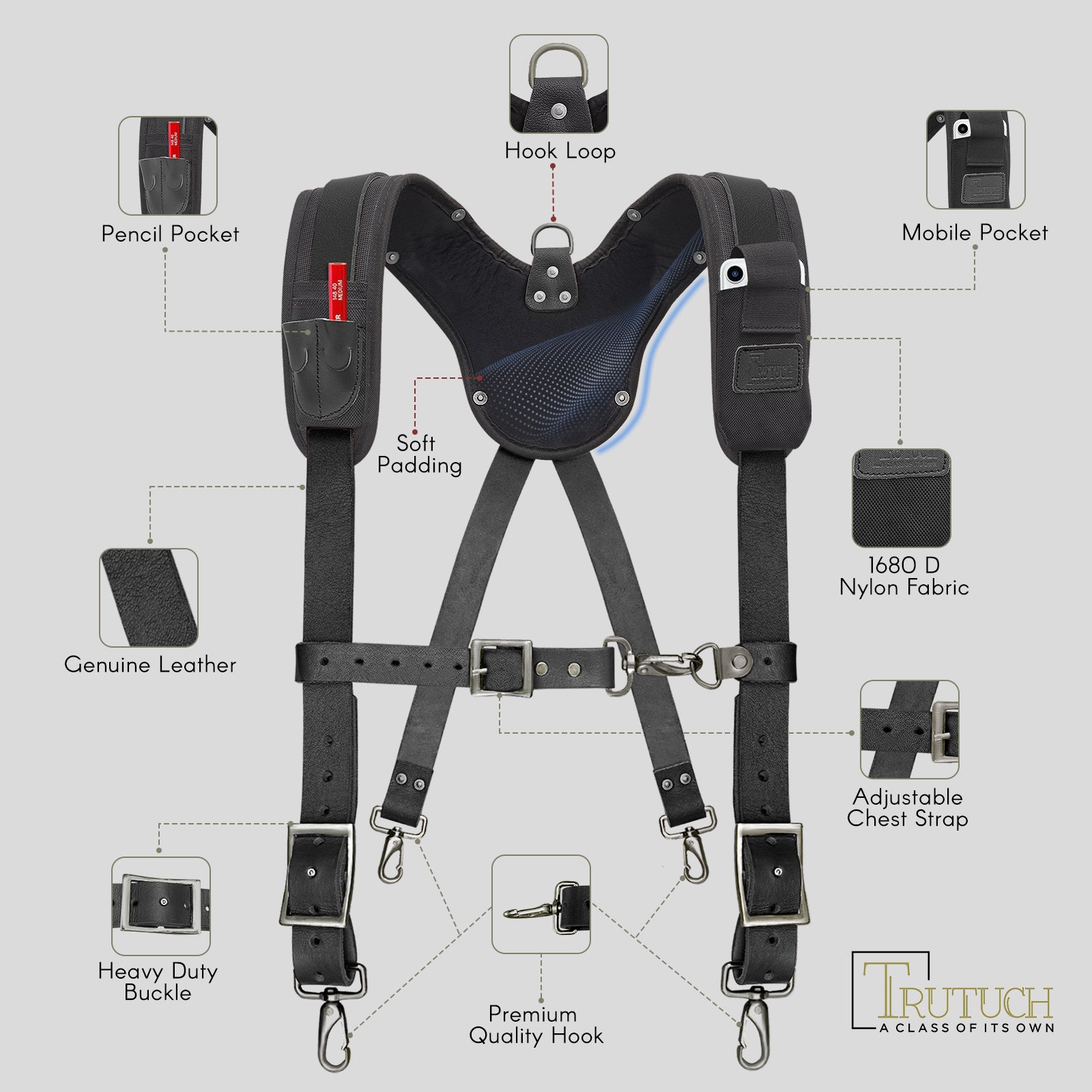 Trutuch Black Leather Tool Belt with Pocket Suspender, Carpenter Tool Belt, Tool Bag, TT-3020-R-7060-S