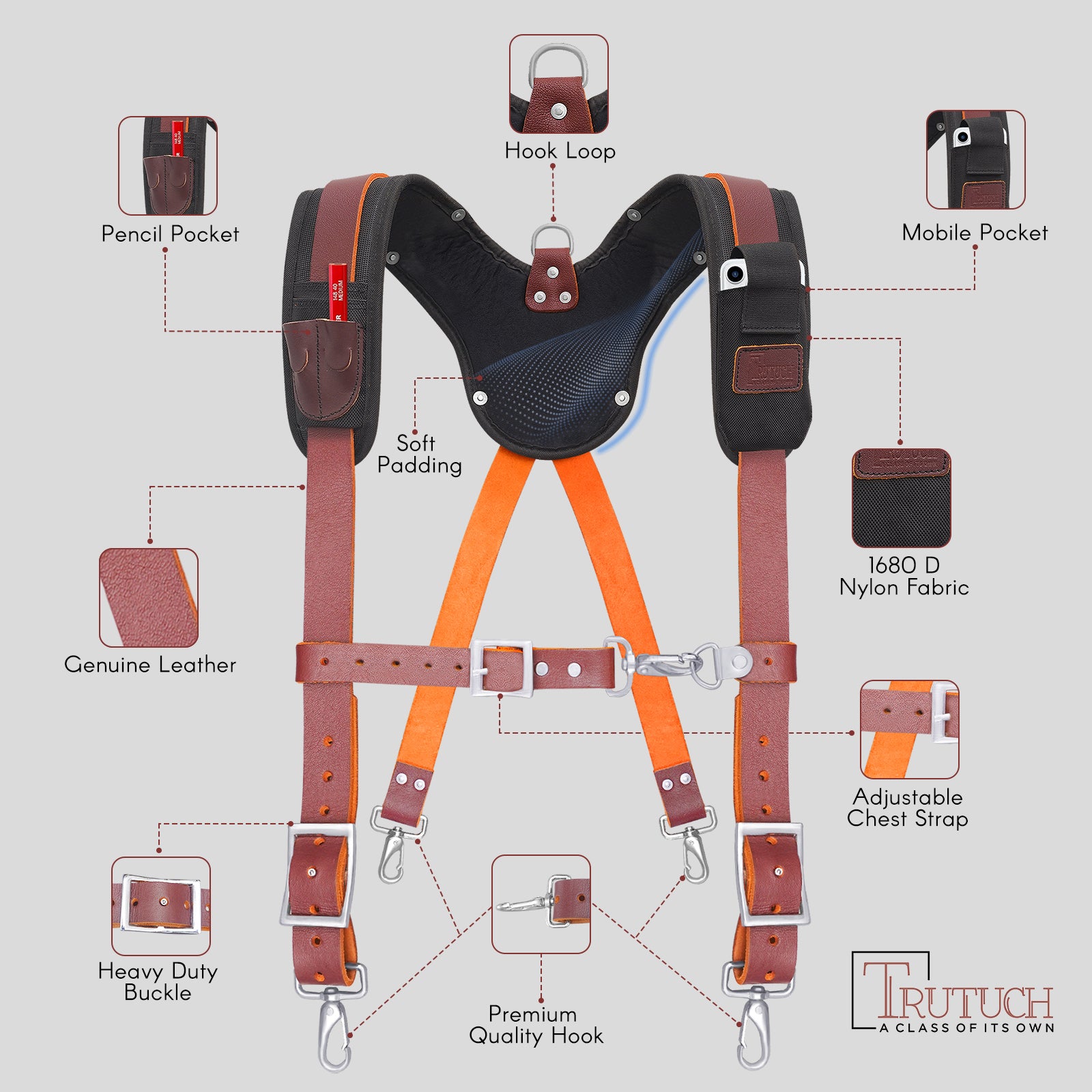 Trutuch Maroon Leather Work Suspenders with Cell Phone Pocket, Comfortable Padded Leather Tool Belt Suspenders, Maroon Suspension System, TT-7050-S