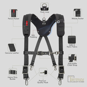 Trutuch Black Leather Work Suspenders with Cell Phone Pocket, Comfortable Padded Leather Tool Belt Suspenders, Maroon Suspension System, TT-7060-S