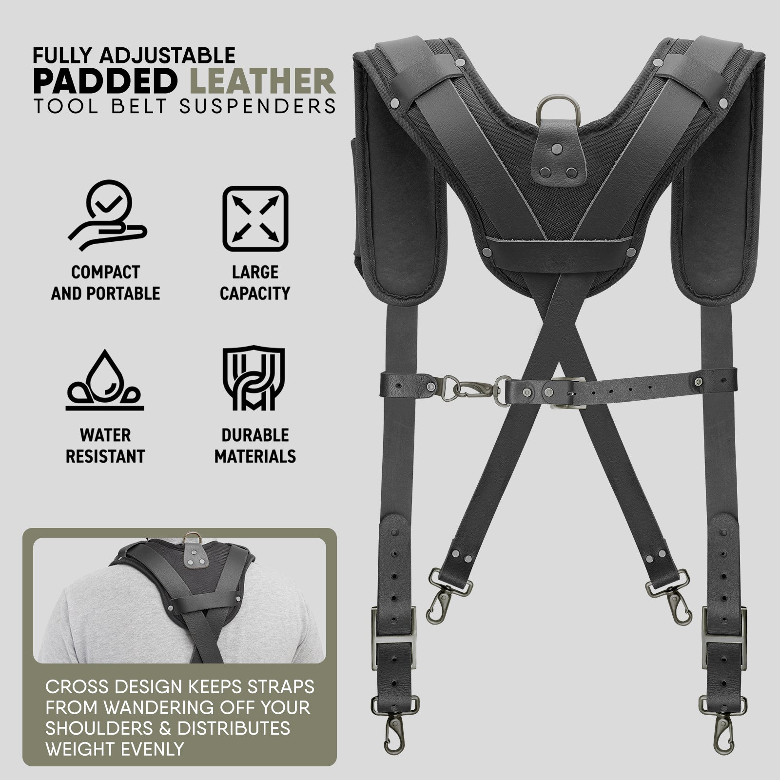 Trutuch Black Leather Tool Belt with Pocket Suspender, Carpenter Tool Belt, Tool Bag, TT-3020-R-7060-S