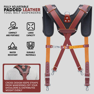 Trutuch Maroon Leather Work Suspenders with Cell Phone Pocket, Comfortable Padded Leather Tool Belt Suspenders, Maroon Suspension System, TT-7050-S