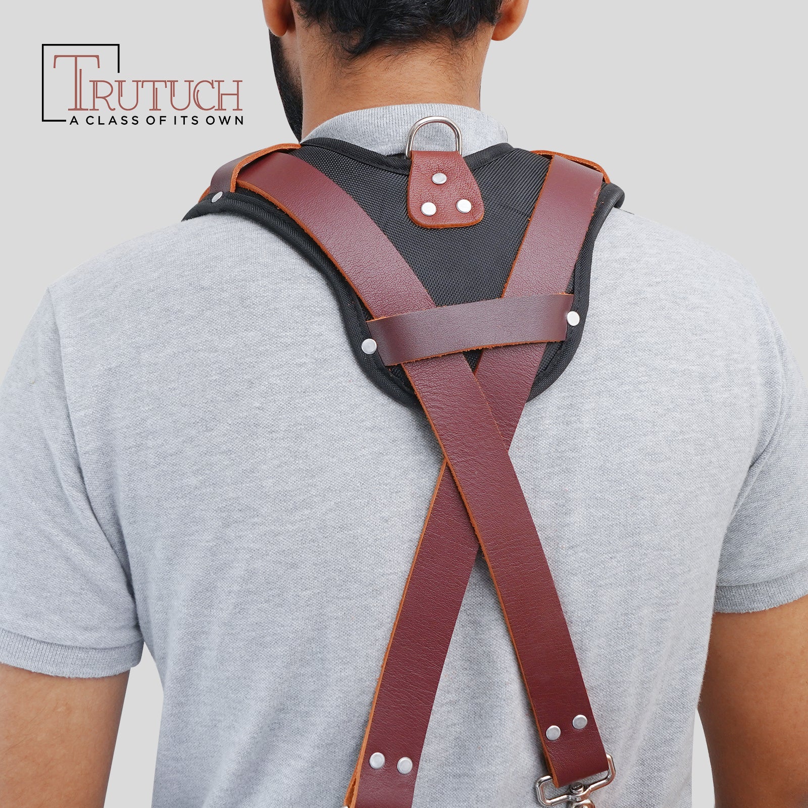 Trutuch Maroon Leather Work Suspenders with Cell Phone Pocket, Comfortable Padded Leather Tool Belt Suspenders, Maroon Suspension System, TT-7050-S