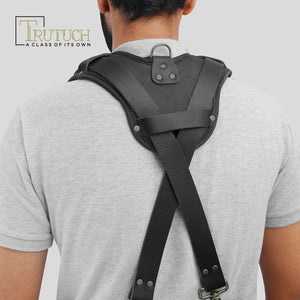 Trutuch Black Leather Work Suspenders with Cell Phone Pocket, Comfortable Padded Leather Tool Belt Suspenders, Maroon Suspension System, TT-7060-S