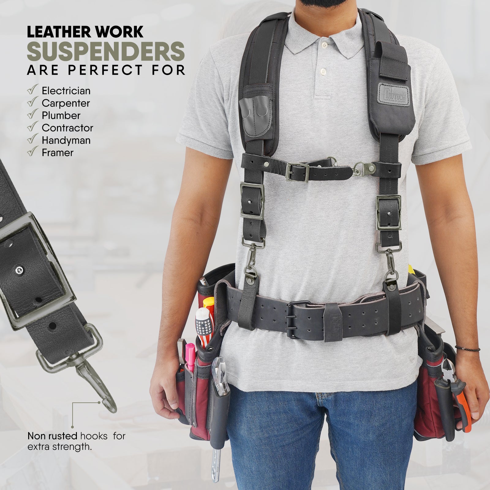 Trutuch Green Nylon & Leather Tool Belt with Leather Work Suspender, Framers Tool Belt, Electrician, Construction, Drywall Tool Belts, TT-1610-R-7060-S