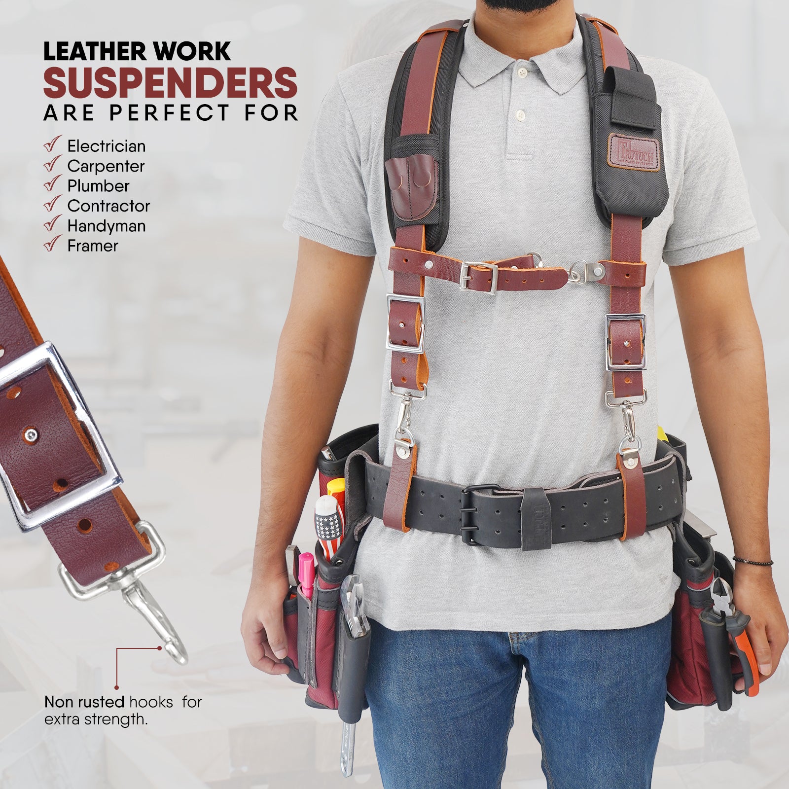 Trutuch Leather Tool Belt with Pocket Suspender, Carpenter Tool Belt, Tool Bag, TT-3000-R-7050-S